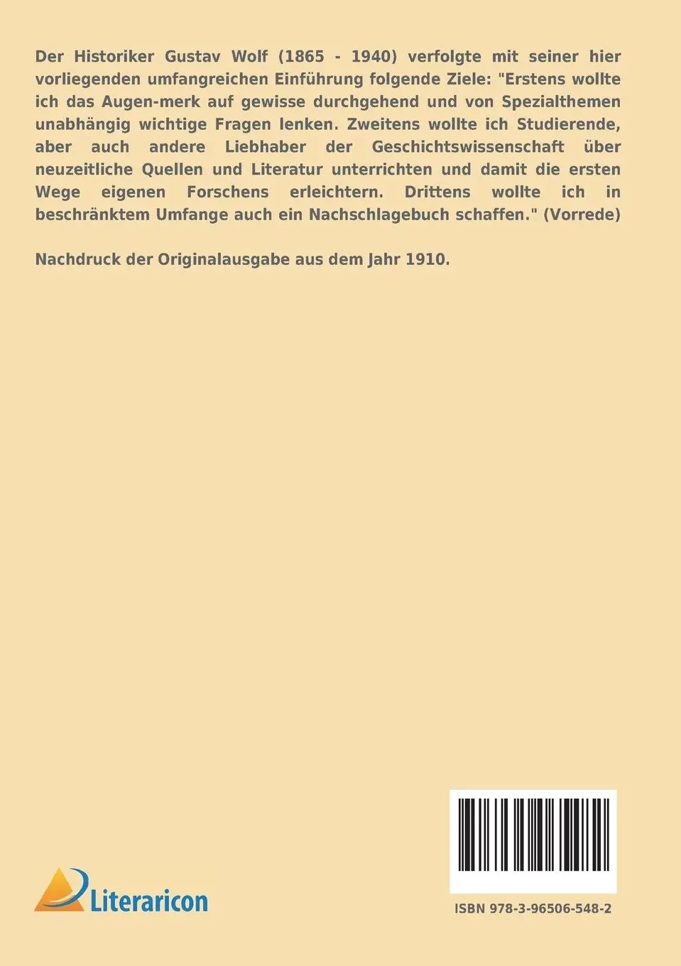 Rückseite: 9783965065482 | Einführung in das Studium der Neueren Geschichte | Gustav Wolf | Buch