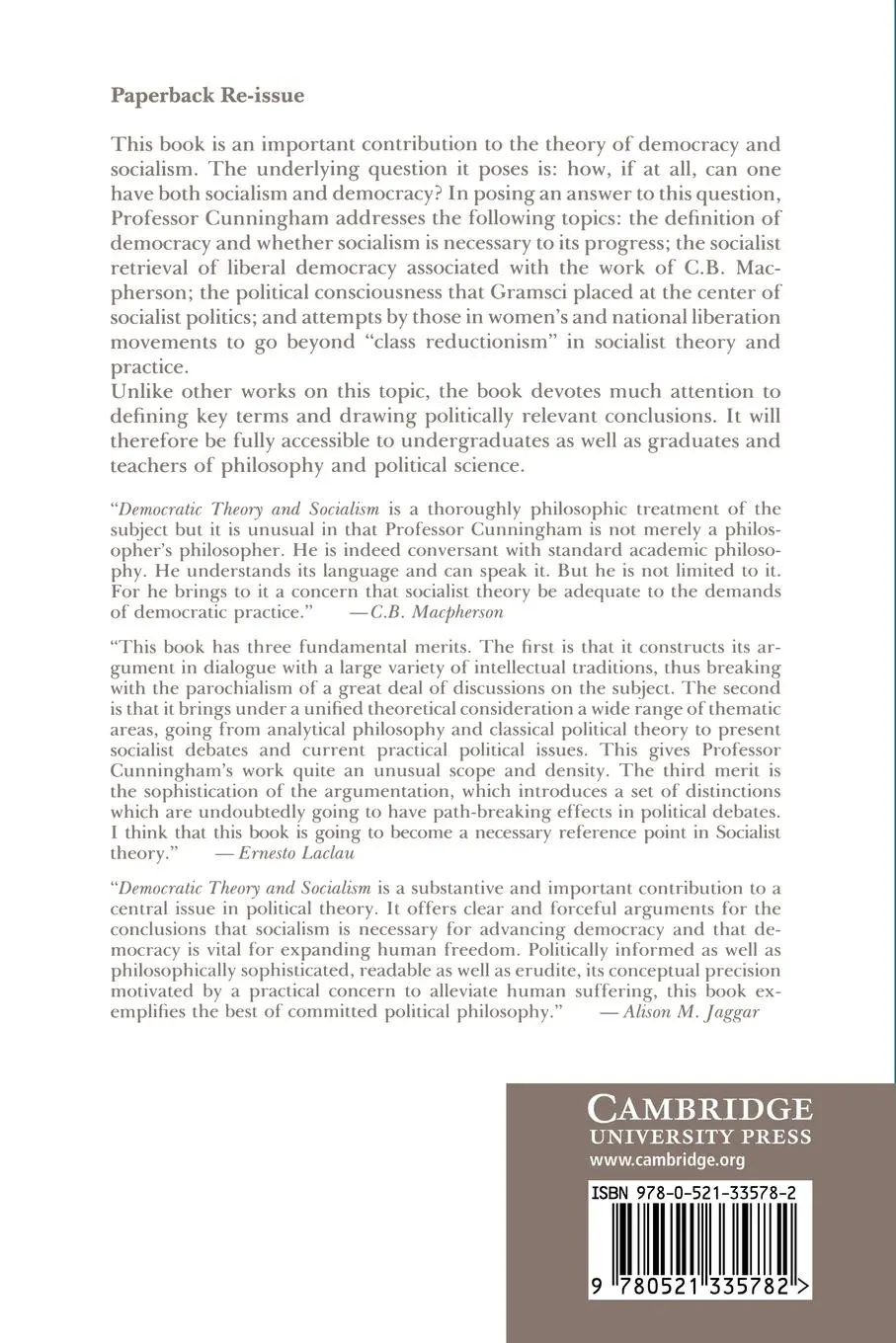 Rückseite: 9780521335782 | Democratic Theory and Socialism | Frank Cunningham | Taschenbuch