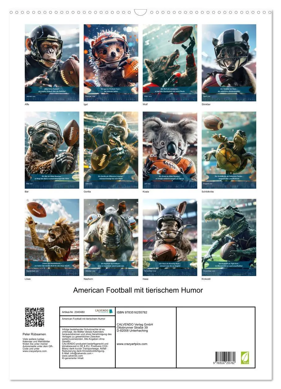 Bild: 9783516255782 | American Football mit tierischem Humor (Wandkalender 2026 DIN A2...