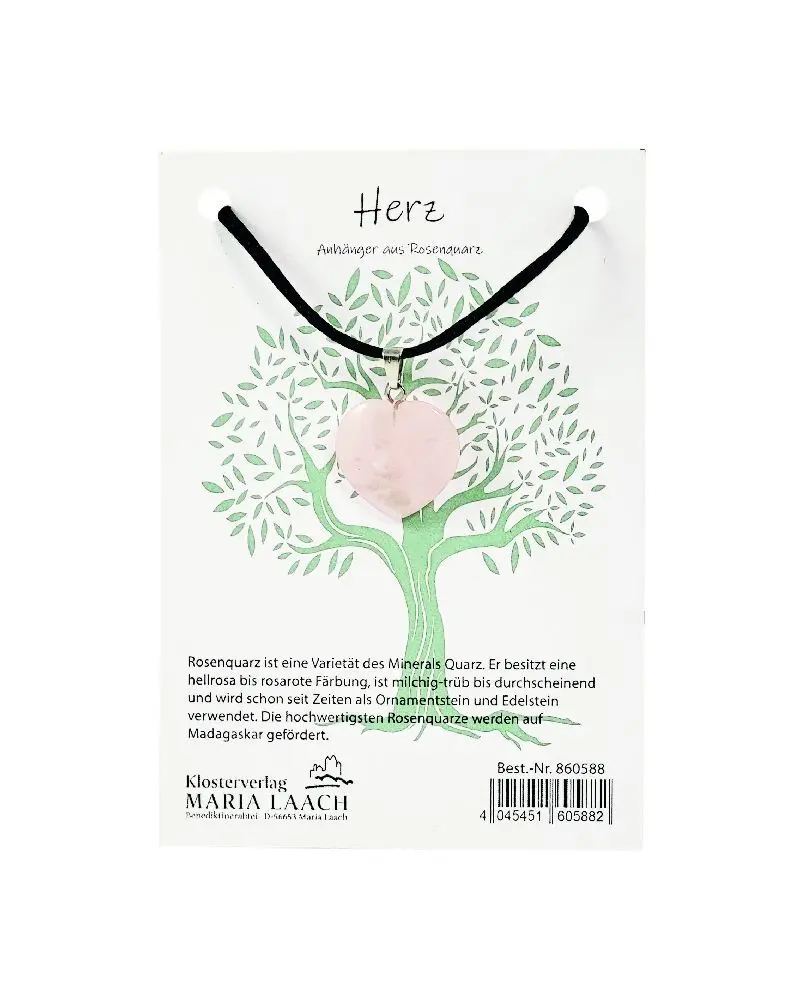 Halsanhänger Herz Rosenquarz, 2 cm, mit Schnur auf Kärtchen