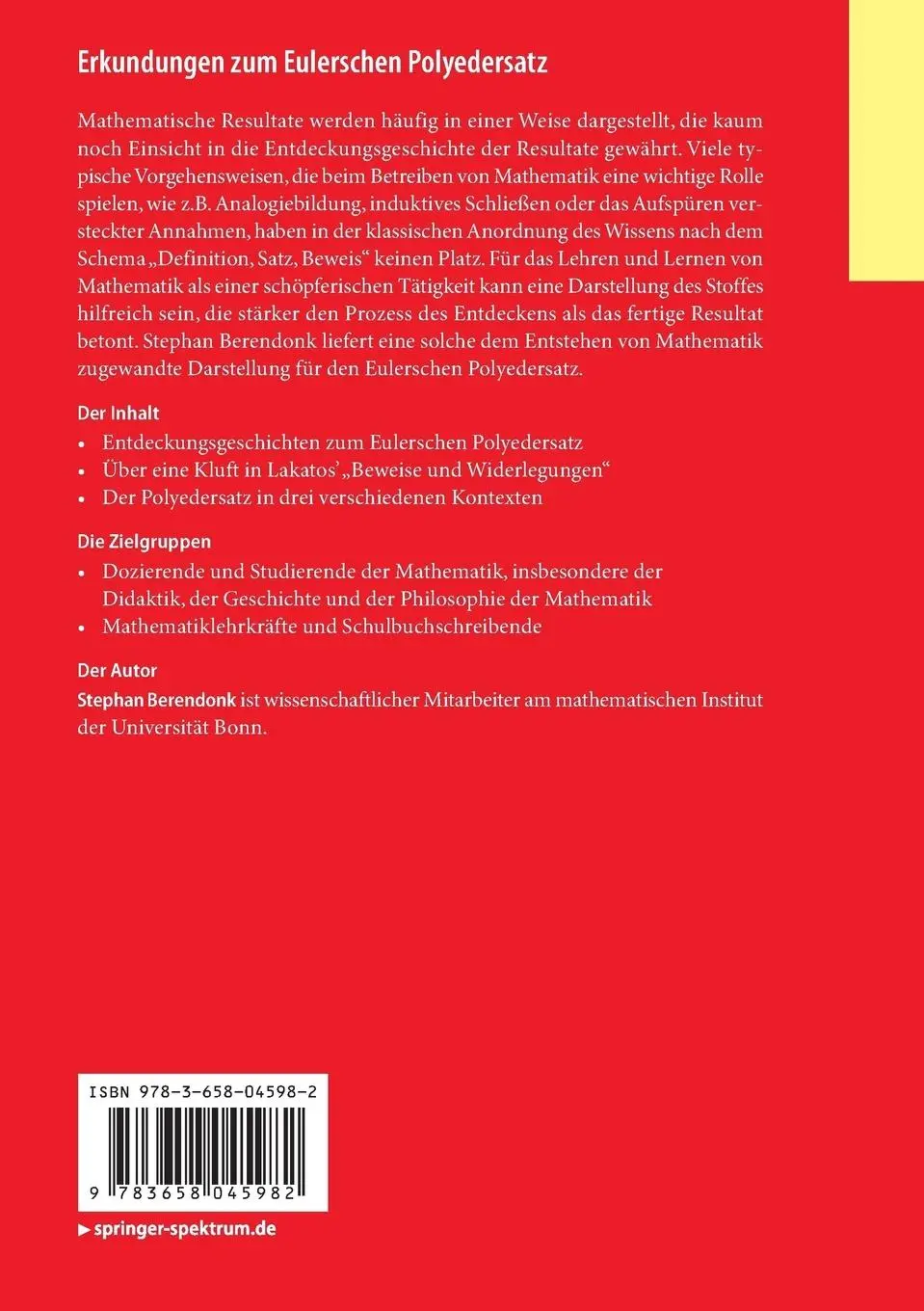 Rückseite: 9783658045982 | Erkundungen zum Eulerschen Polyedersatz | Stephan Berendonk | Buch