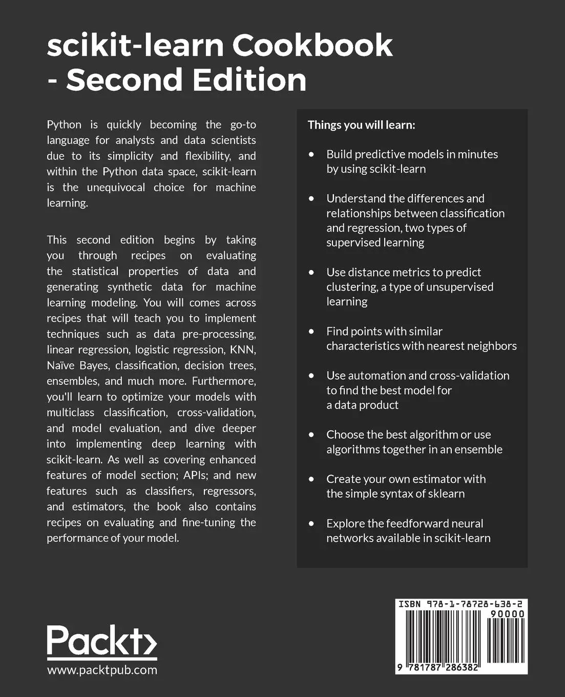 Rückseite: 9781787286382 | scikit-learn Cookbook - Second Edition | Julian Avila (u. a.) | Buch