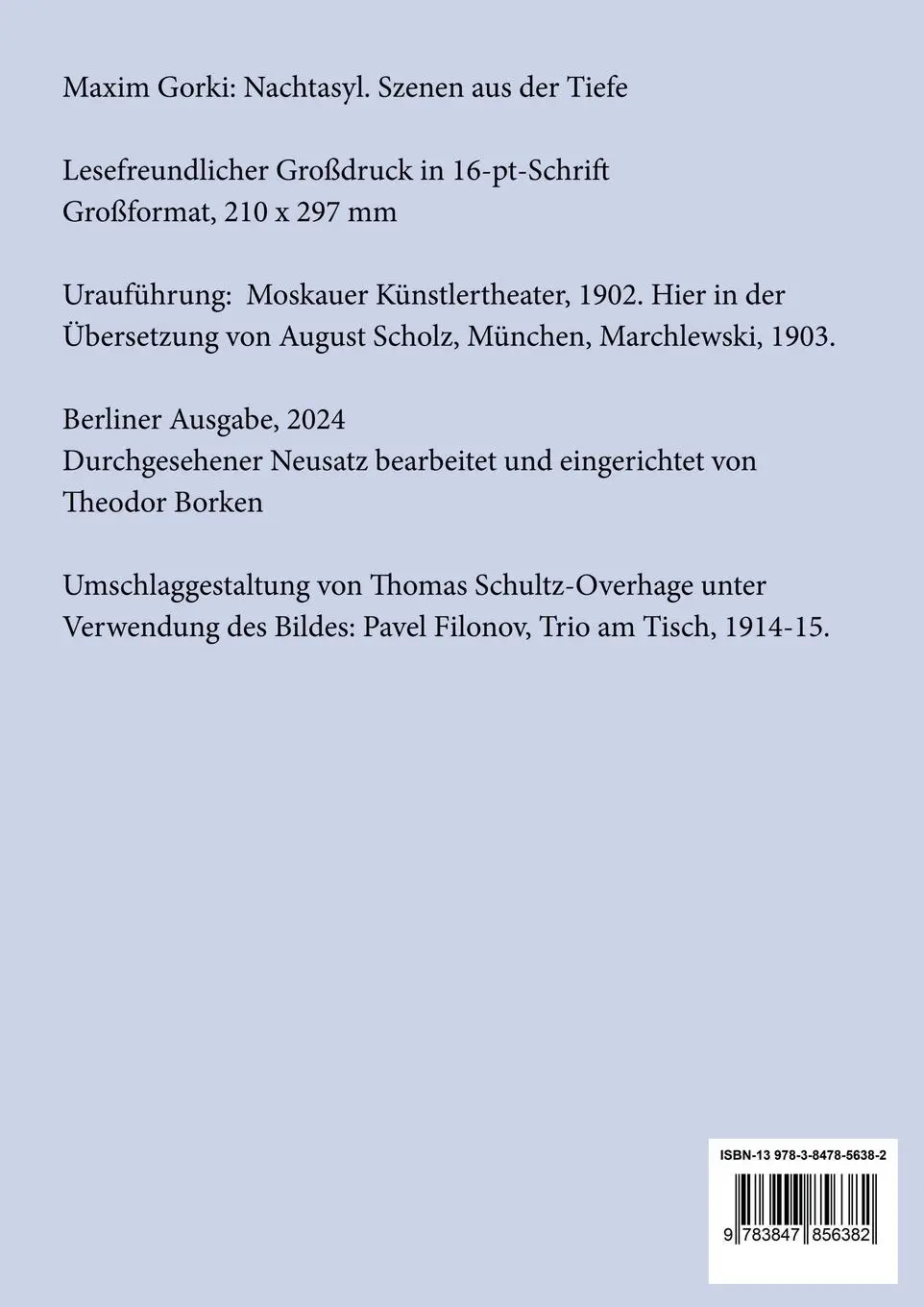 Rückseite: 9783847856382 | Nachtasyl (Großdruck) | Szenen aus der Tiefe | Maxim Gorki | Buch