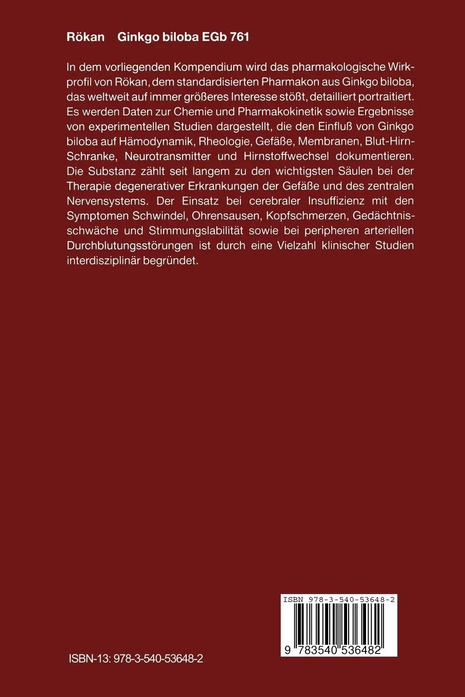 Rückseite: 9783540536482 | Rökan Ginkgo biloba EGb 761 | Band 1: Pharmakologie | Ebenezer (u. a.)