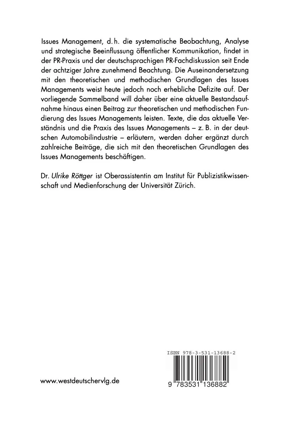 Rückseite: 9783531136882 | Issues Management | Ulrike Röttger | Taschenbuch | 299 S. | Deutsch
