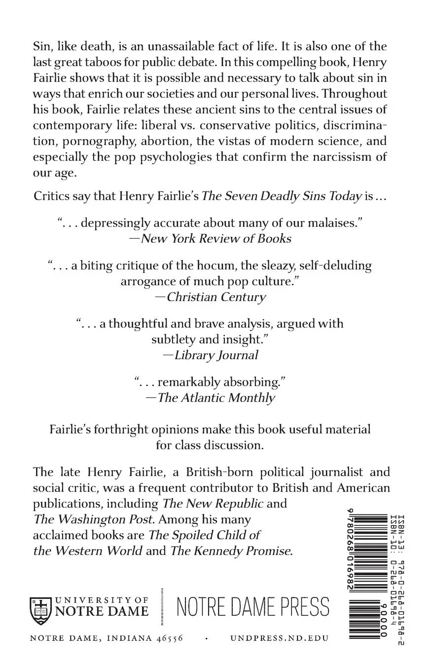 Rückseite: 9780268016982 | The Seven Deadly Sins Today | Henry Fairlie | Taschenbuch | Englisch