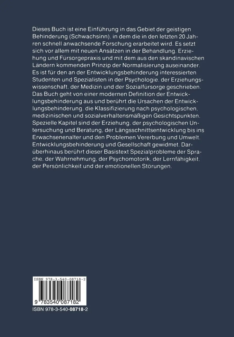 Rückseite: 9783540087182 | Geistige Behinderung | O. Spreen | Taschenbuch | x | Deutsch | 1978