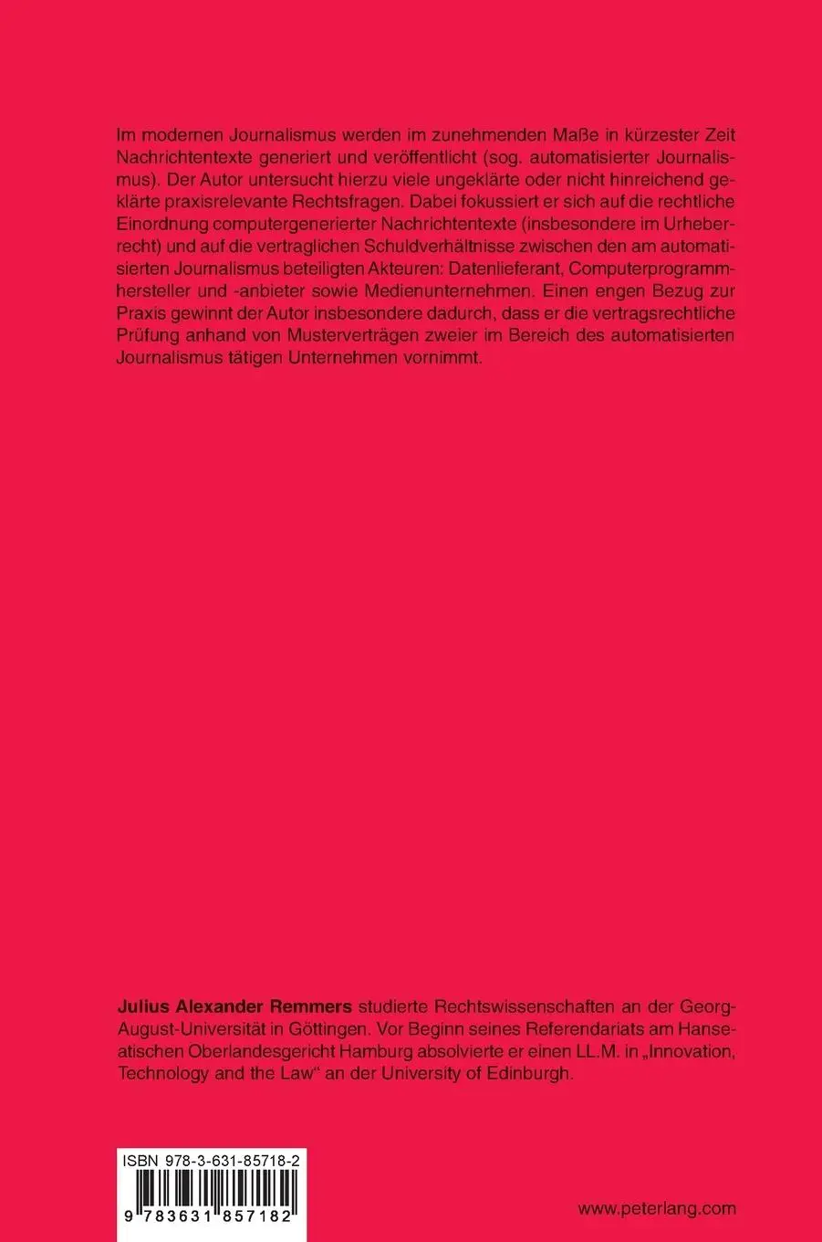 Rückseite: 9783631857182 | Automatisierter Journalismus - Rechte und vertragliche...