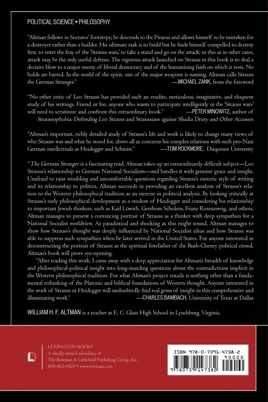 Rückseite: 9780739147382 | German Stranger | Leo Strauss and National Socialism | Altman | Buch