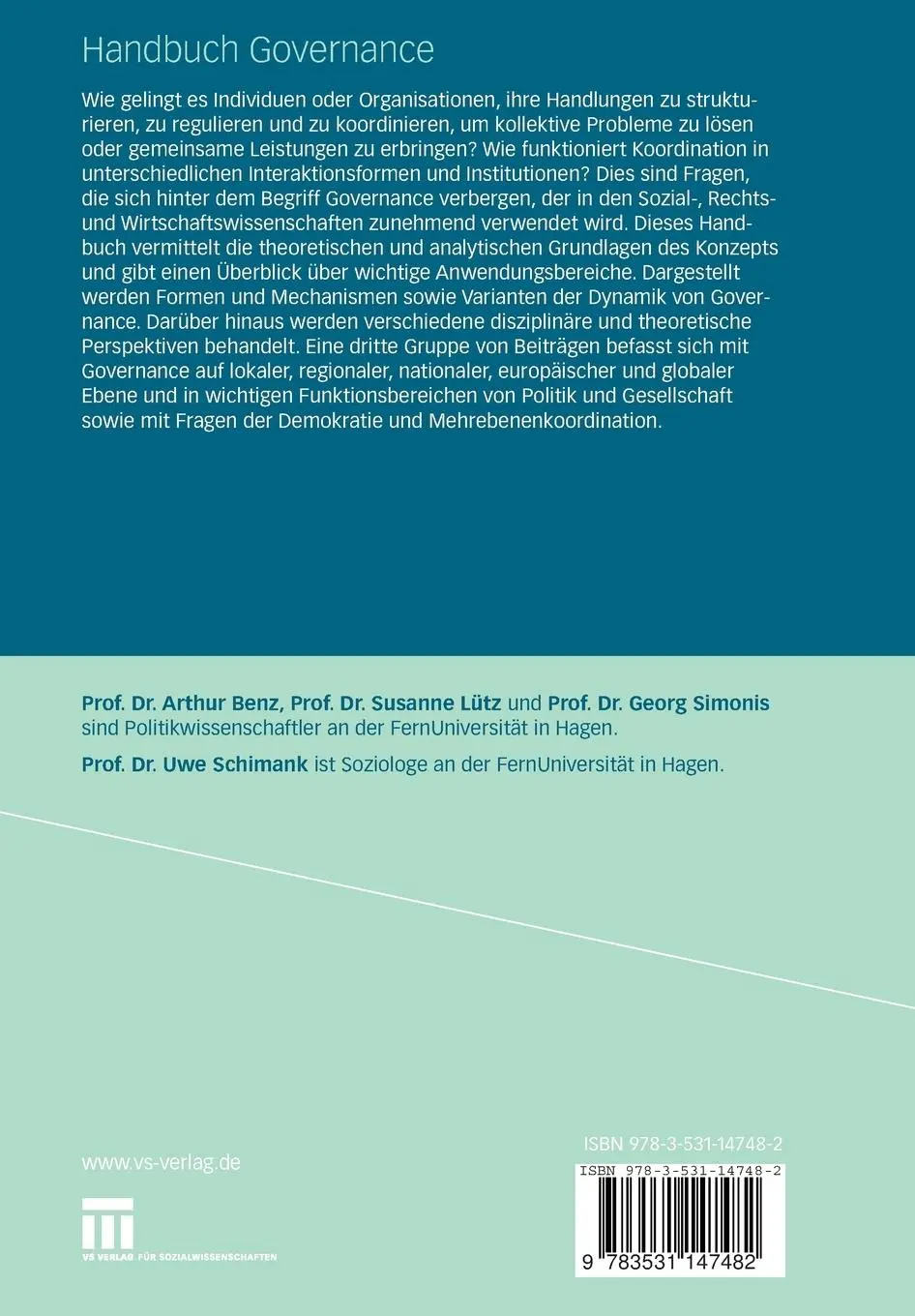 Rückseite: 9783531147482 | Handbuch Governance | Arthur Benz (u. a.) | Taschenbuch | viii | 2007