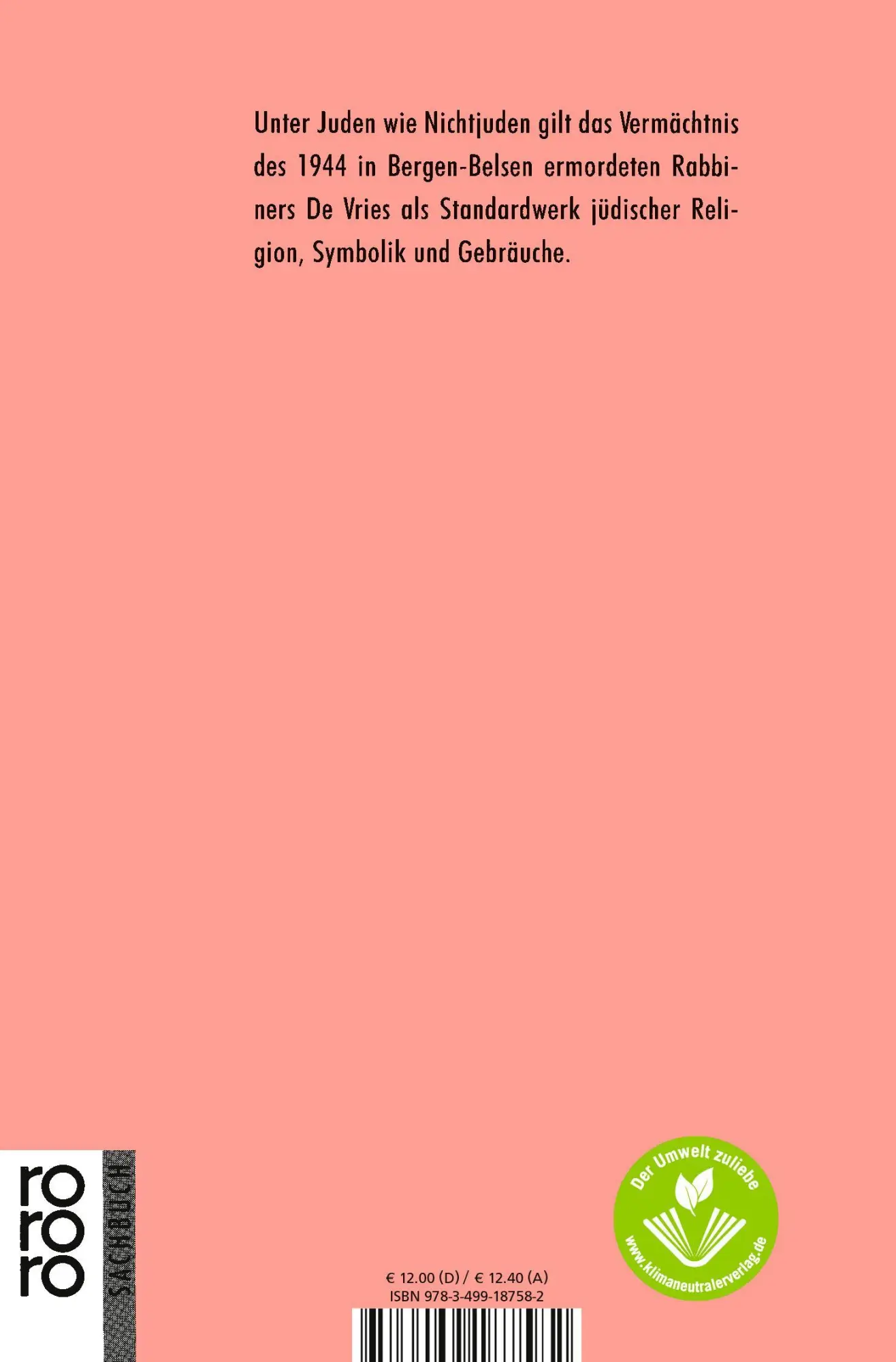 Rückseite: 9783499187582 | Jüdische Riten und Symbole | S. Ph. de Vries | Taschenbuch | 378 S.