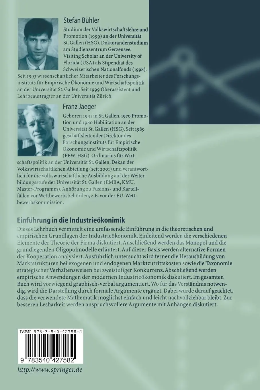 Rückseite: 9783540427582 | Einführung in die Industrieökonomik | Franz Jaeger (u. a.) | Buch | x