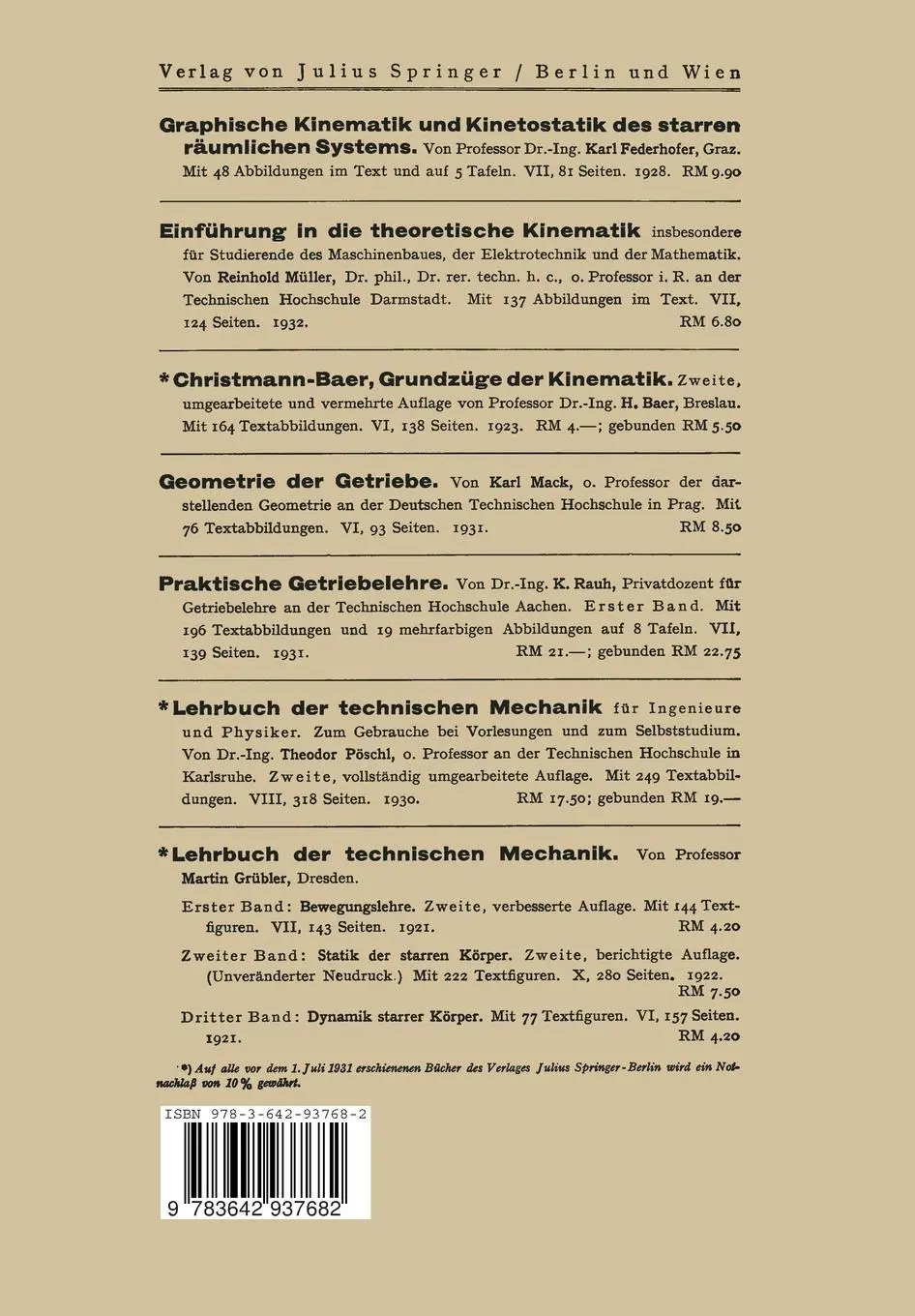 Rückseite: 9783642937682 | Graphische Kinematik und Kinetostatik | Erster Band 2 | Federhofer