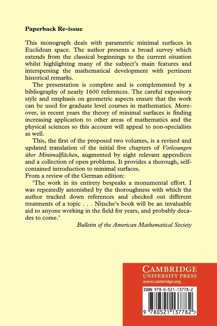 Rückseite: 9780521137782 | Lectures on Minimal Surfaces | Johannes C. C. Nitsche | Taschenbuch