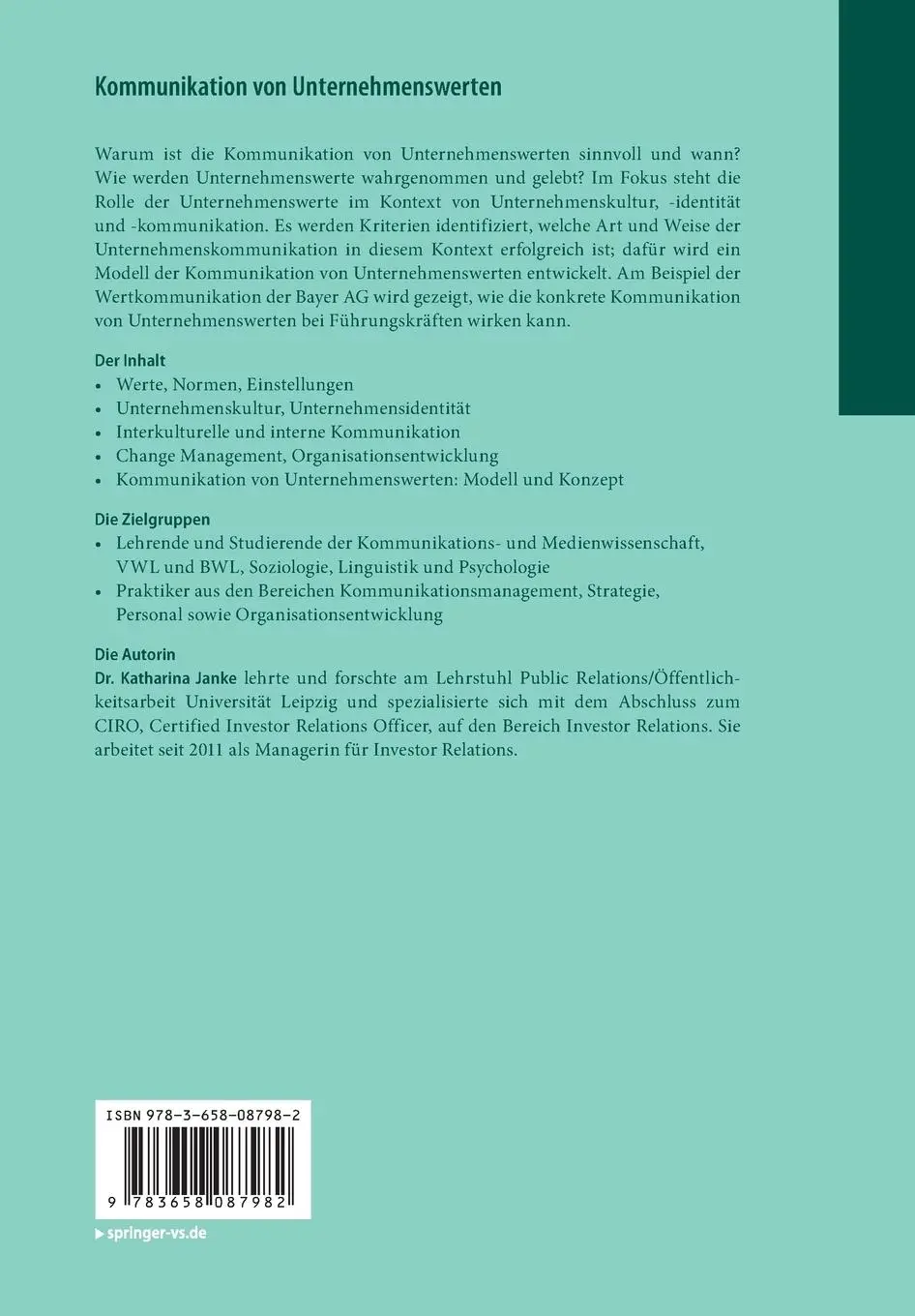 Rückseite: 9783658087982 | Kommunikation von Unternehmenswerten | Katharina Janke | Taschenbuch