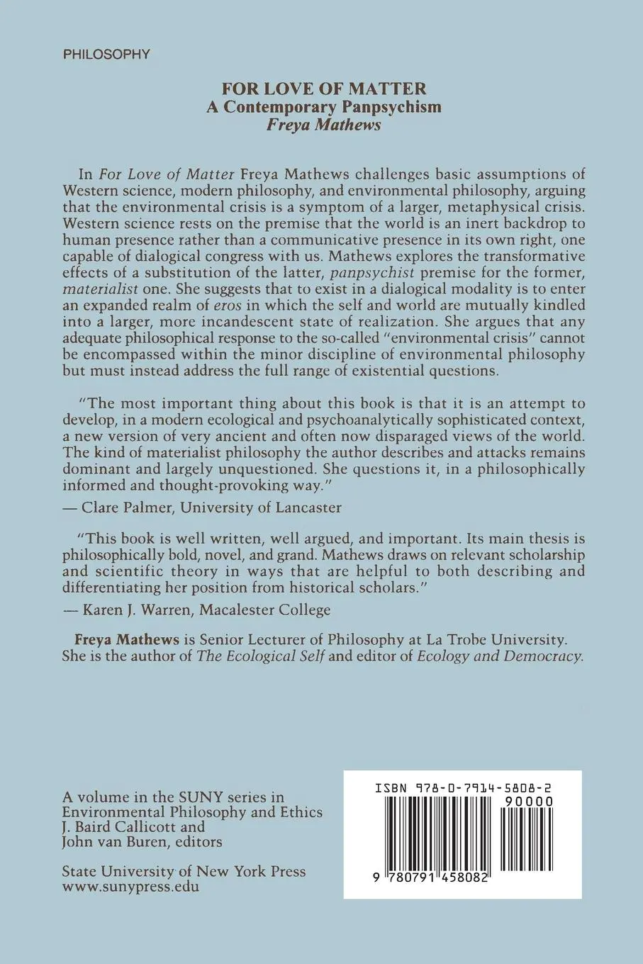 Rückseite: 9780791458082 | For Love of Matter | A Contemporary Panpsychism | Freya Mathews | Buch
