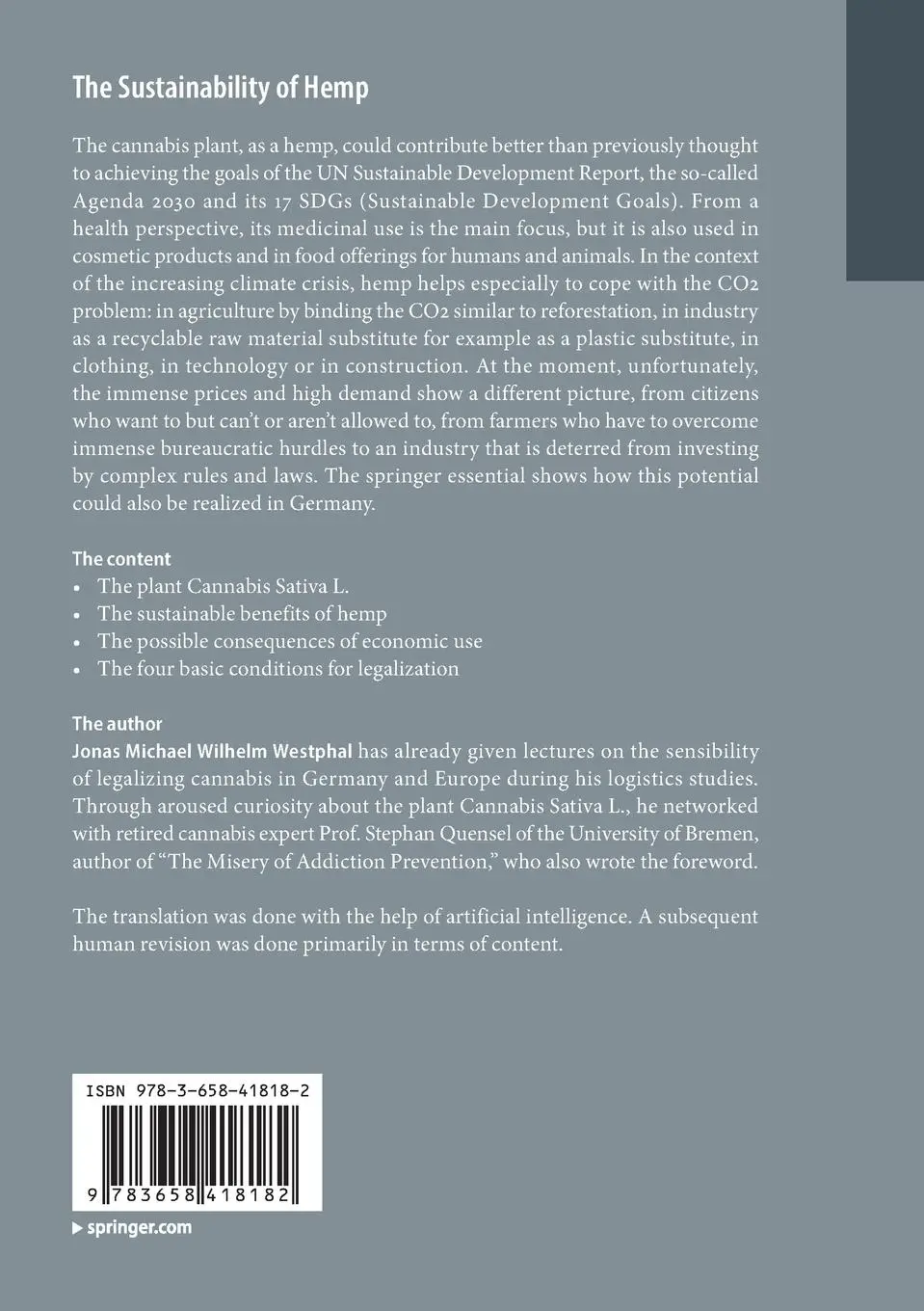 Rückseite: 9783658418182 | The Sustainability of Hemp | Jonas Michael Wilhelm Westphal | Buch