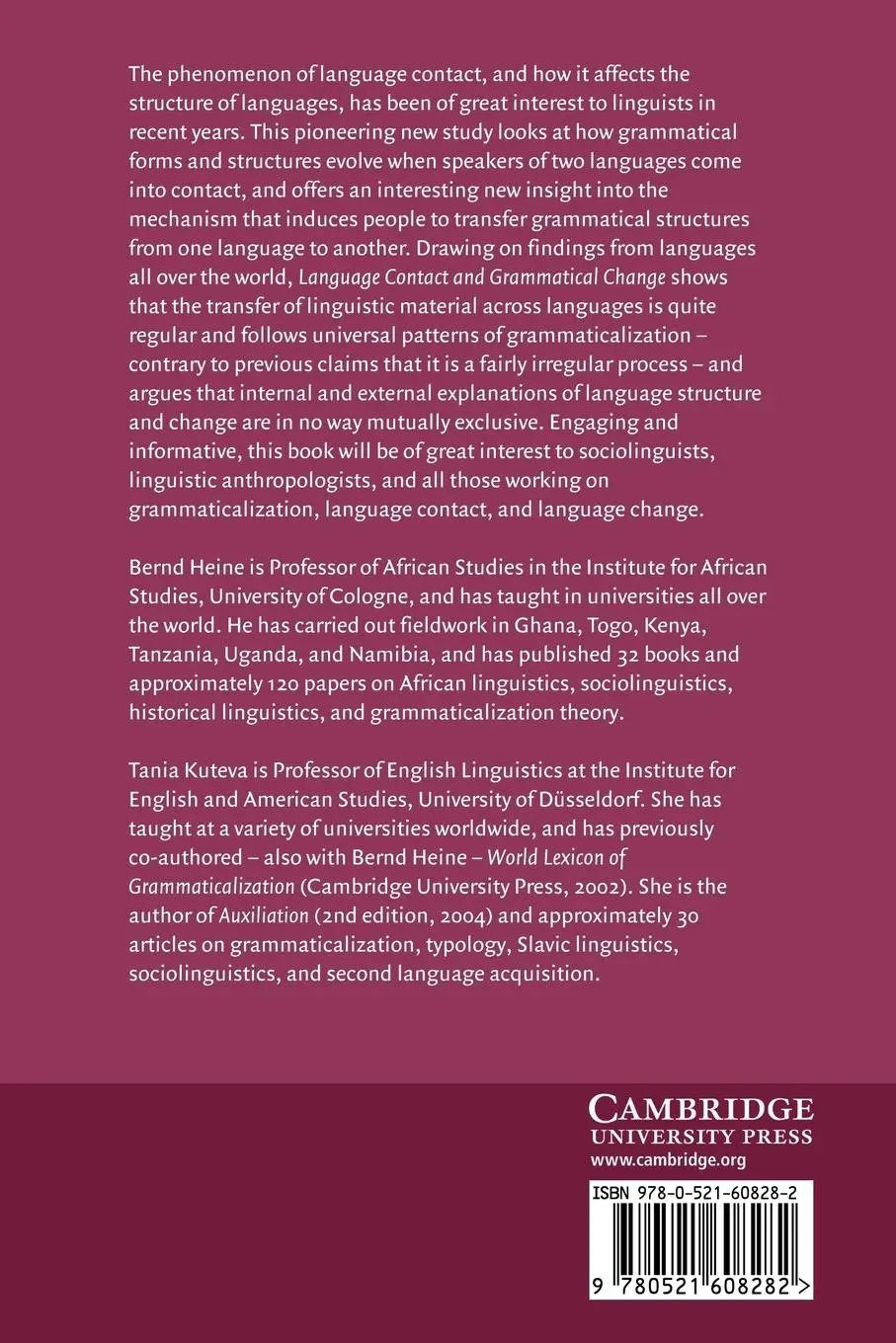 Rückseite: 9780521608282 | Language Contact and Grammatical Change | Bernd Heine (u. a.) | Buch