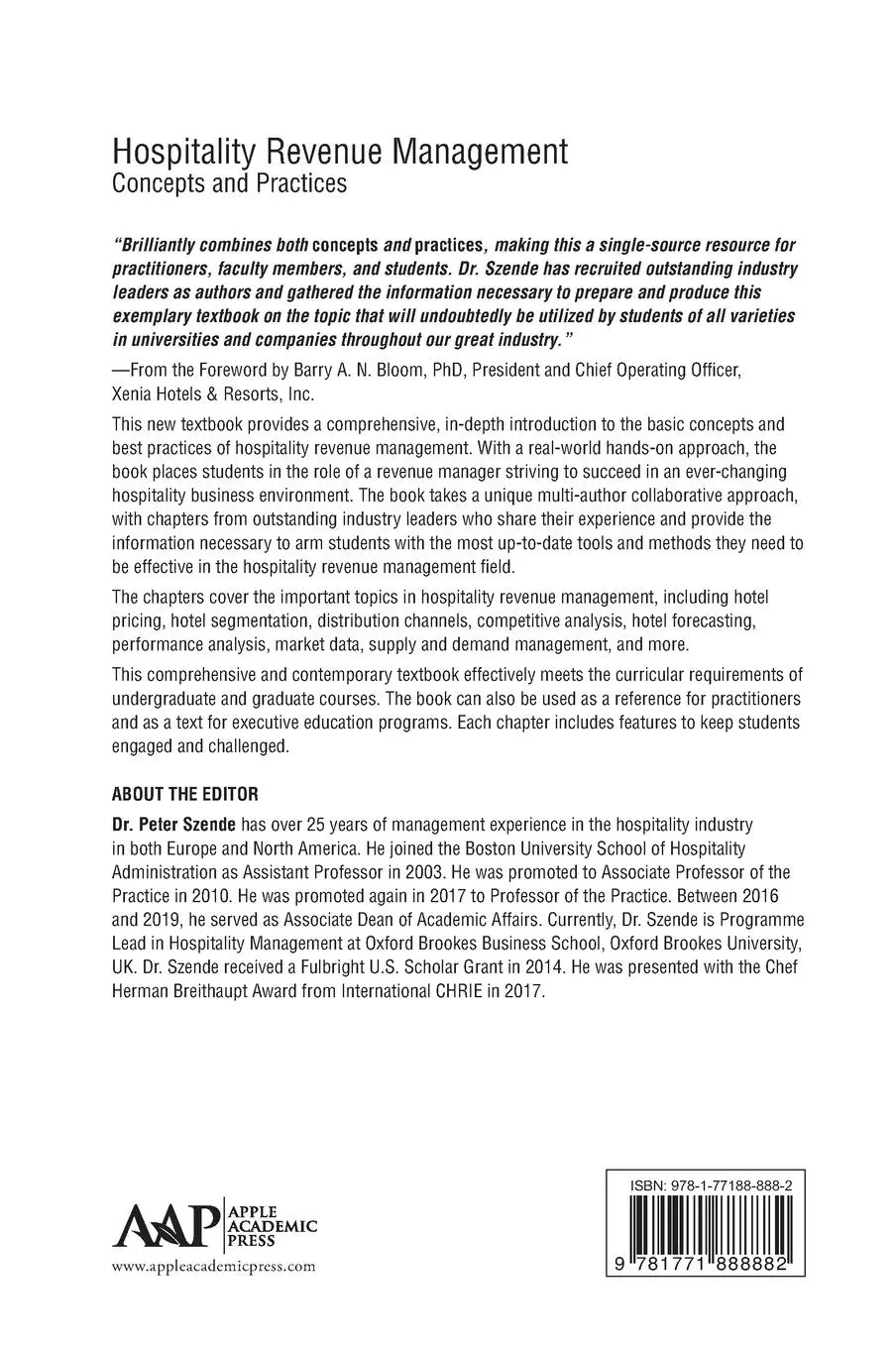 Rückseite: 9781771888882 | Hospitality Revenue Management | Concepts and Practices | Peter Szende