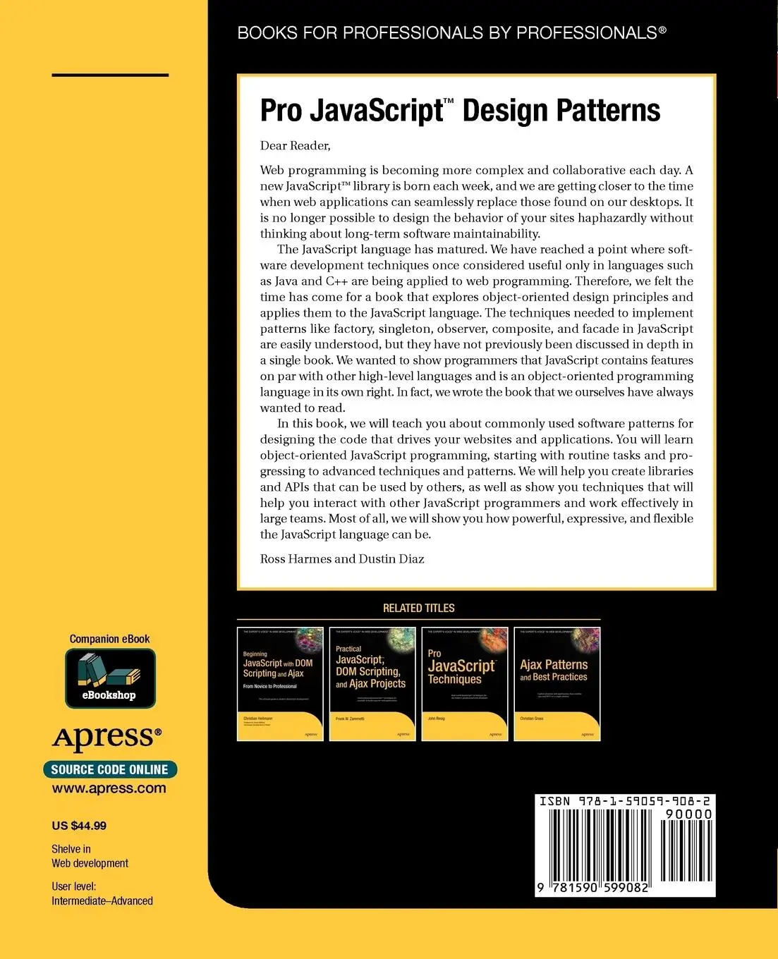 Rückseite: 9781590599082 | Pro JavaScript Design Patterns | Dustin Diaz (u. a.) | Taschenbuch