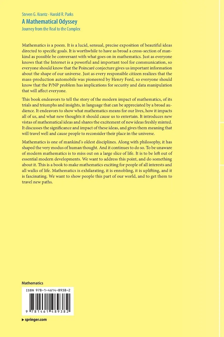 Rückseite: 9781461489382 | A Mathematical Odyssey | Journey from the Real to the Complex | Buch