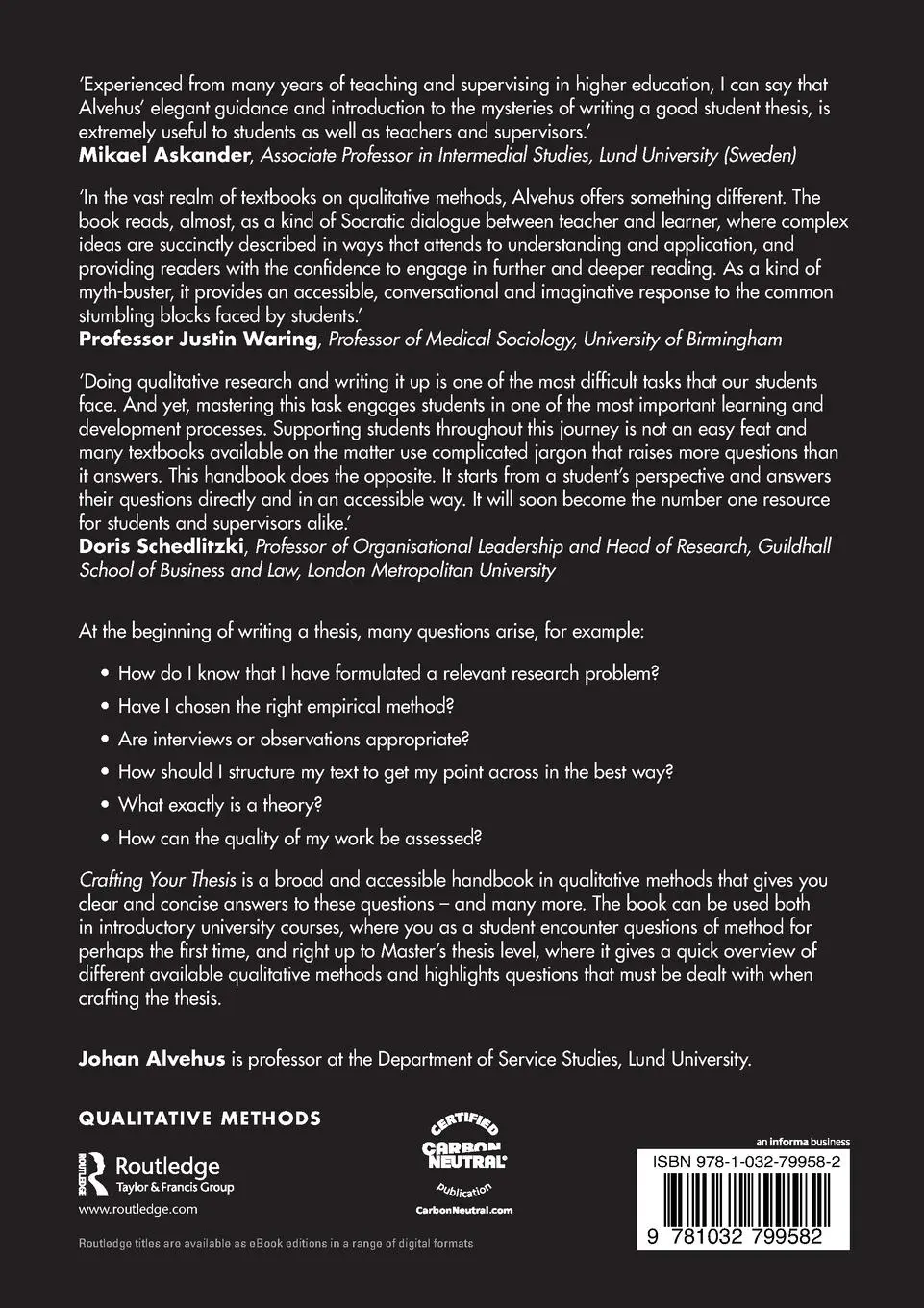 Rückseite: 9781032799582 | Crafting Your Thesis | Making Use of Qualitative Approaches | Alvehus
