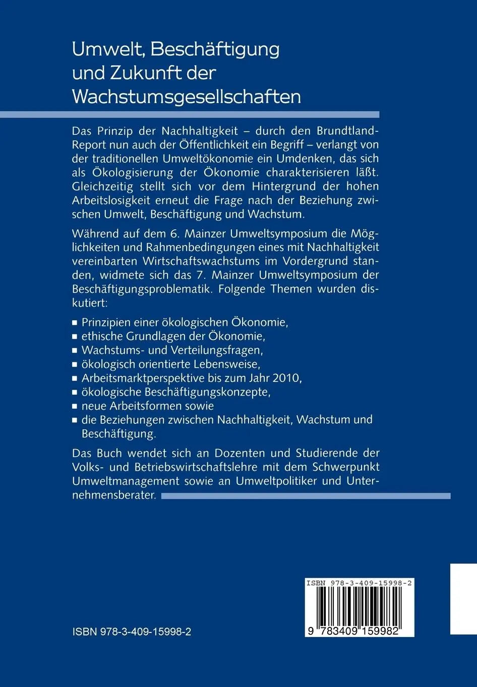 Rückseite: 9783409159982 | Umwelt, Beschäftigung und Zukunft der Wachstumsgesellschaften | Buch