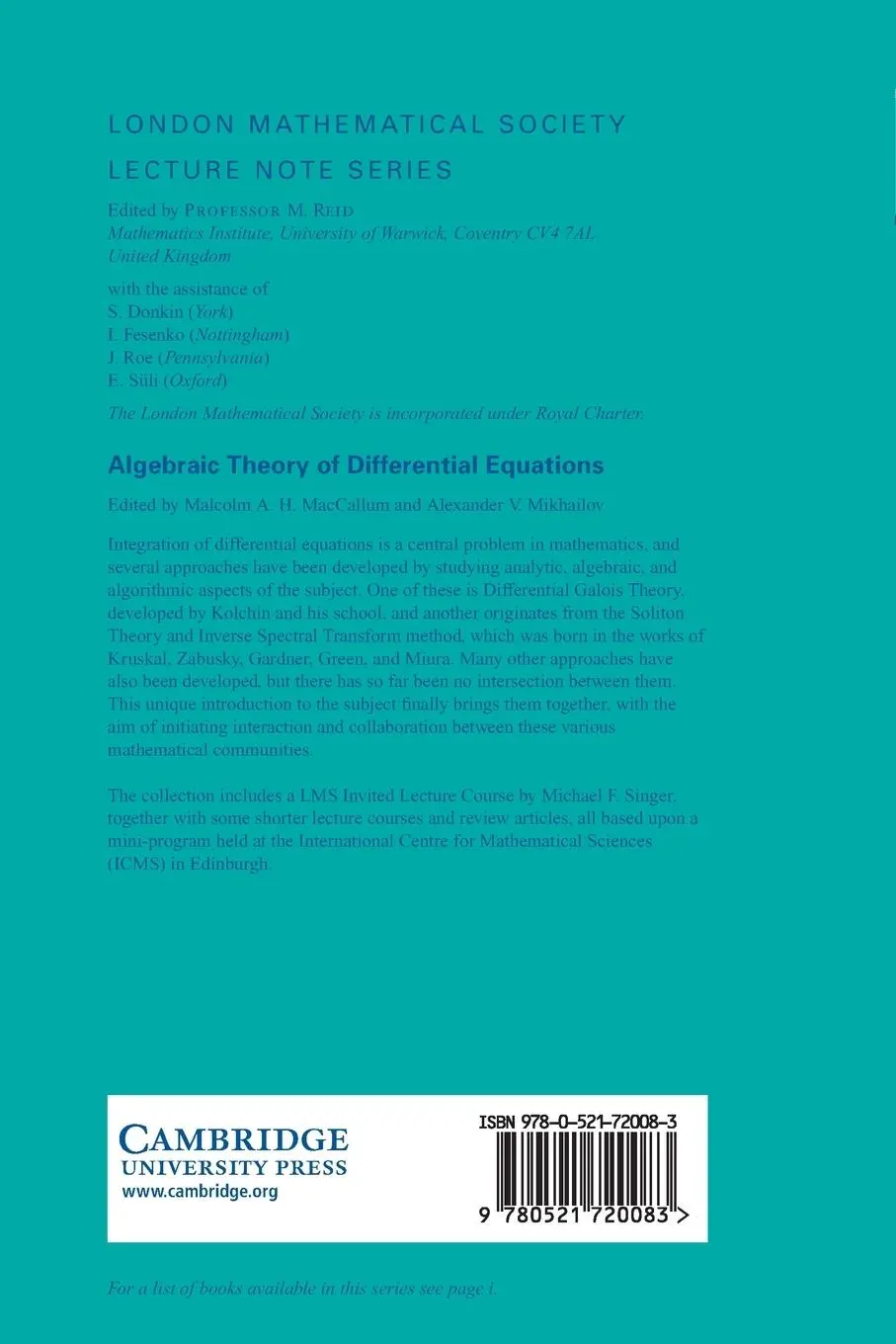 Rückseite: 9780521720083 | Algebraic Theory of Differential Equations | MacCallum (u. a.) | Buch
