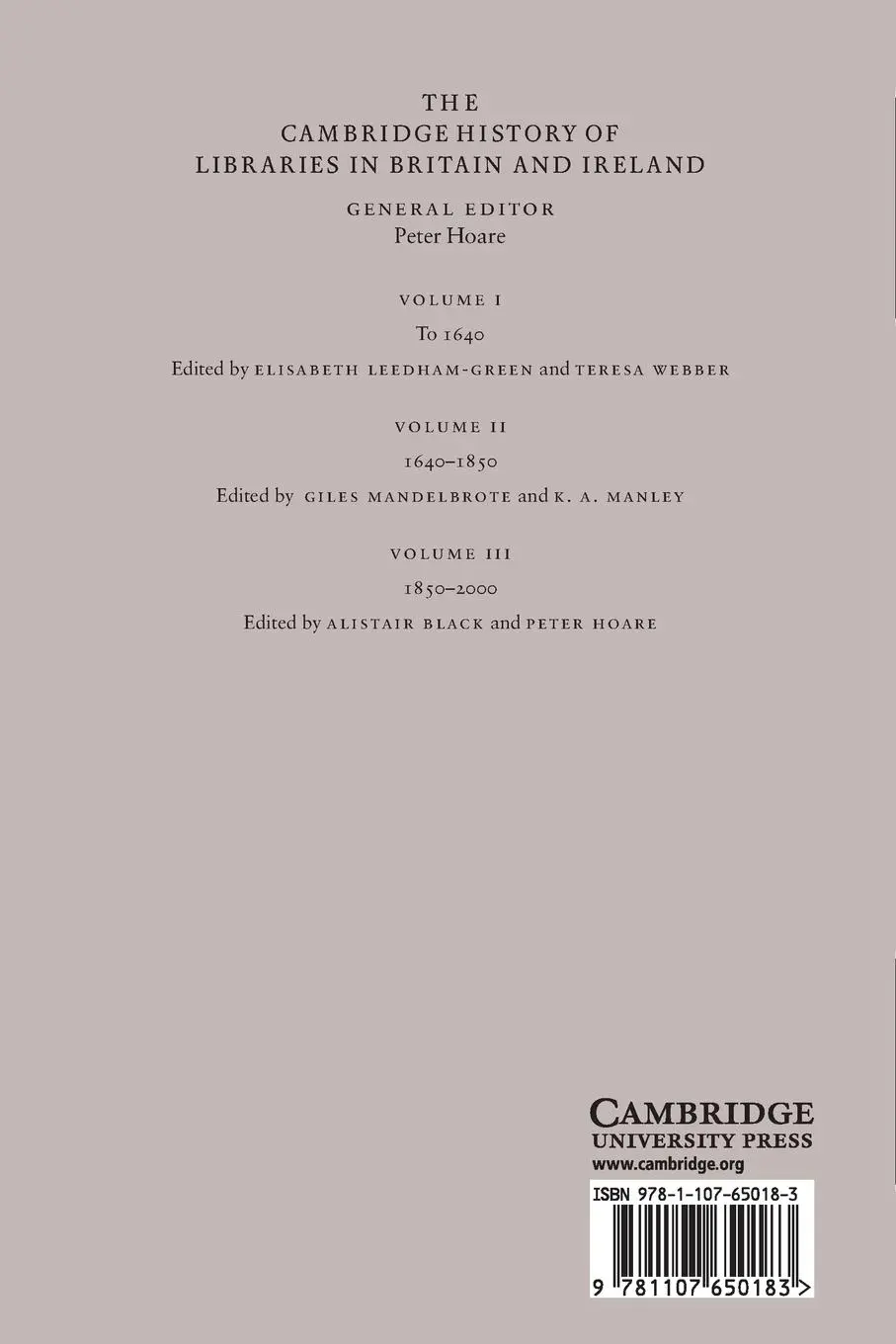 Rückseite: 9781107650183 | The Cambridge History of Libraries in Britain and Ireland | Buch