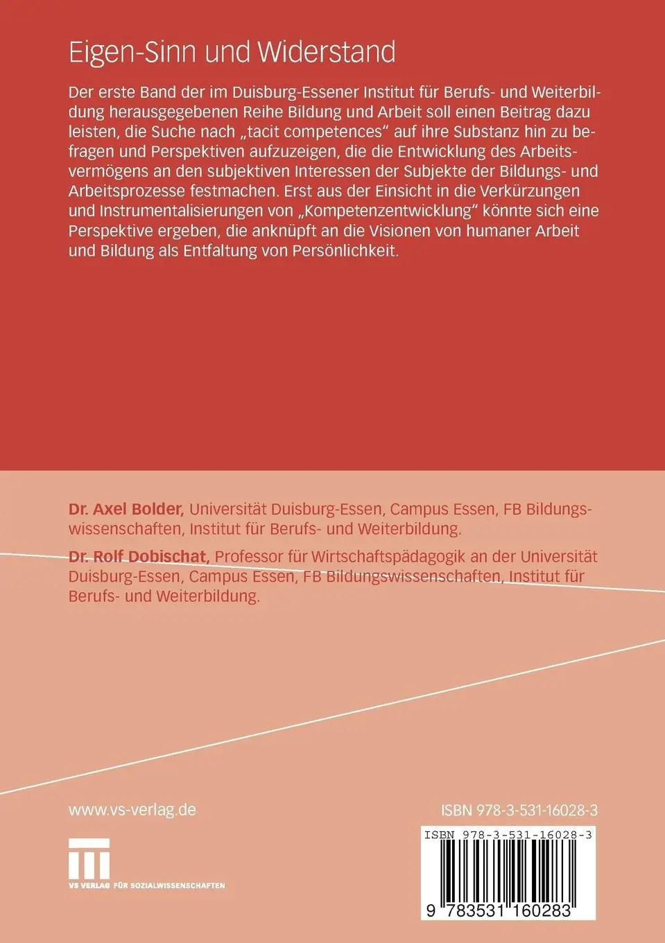 Rückseite: 9783531160283 | Eigen-Sinn und Widerstand | Rolf Dobischat (u. a.) | Taschenbuch | vi