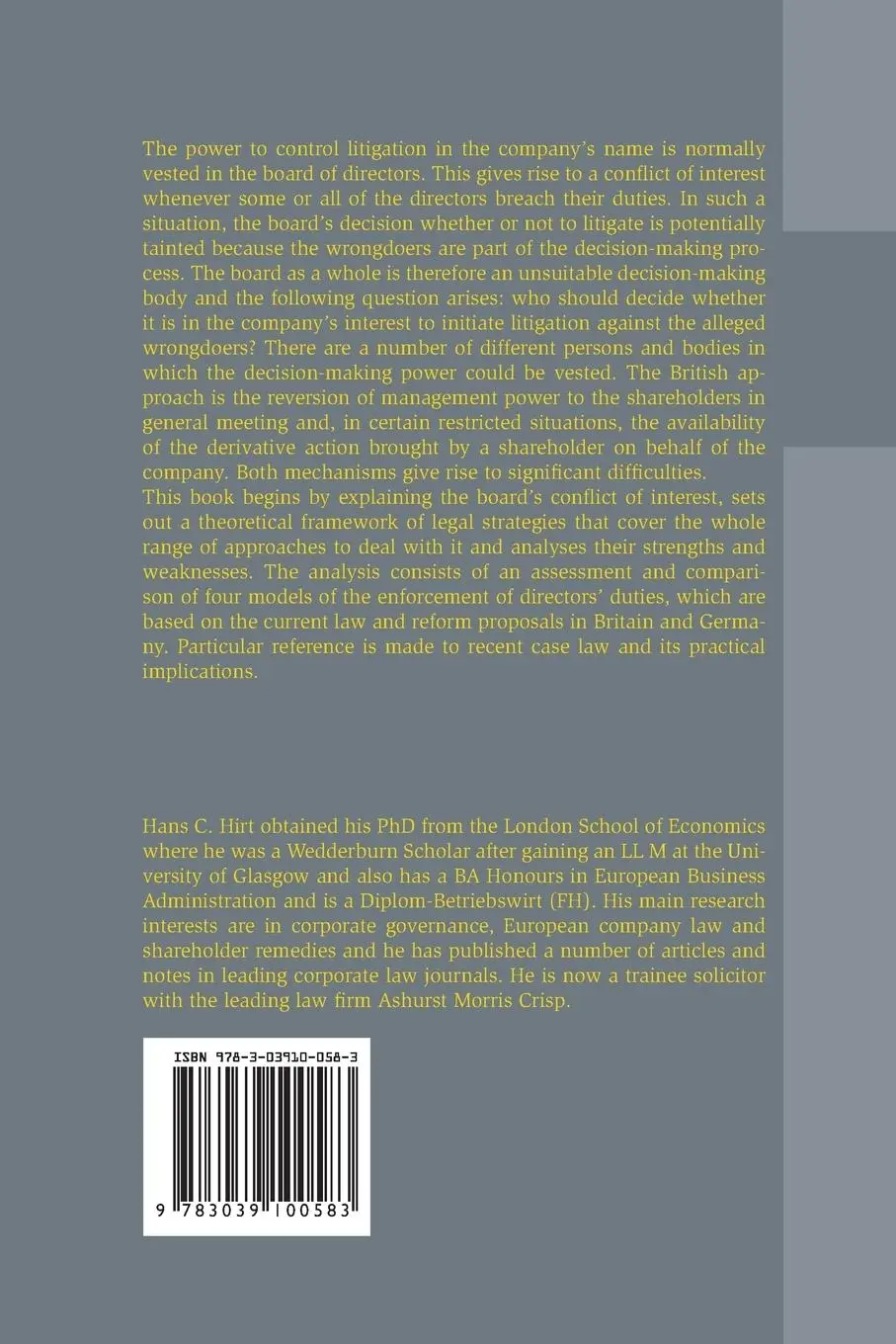 Rückseite: 9783039100583 | The Enforcement of Directors' Duties in Britain and Germany | Hirt