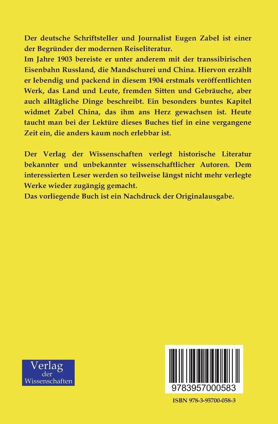 Rückseite: 9783957000583 | Auf der sibirischen Bahn nach China | Eugen Zabel | Taschenbuch | 2019