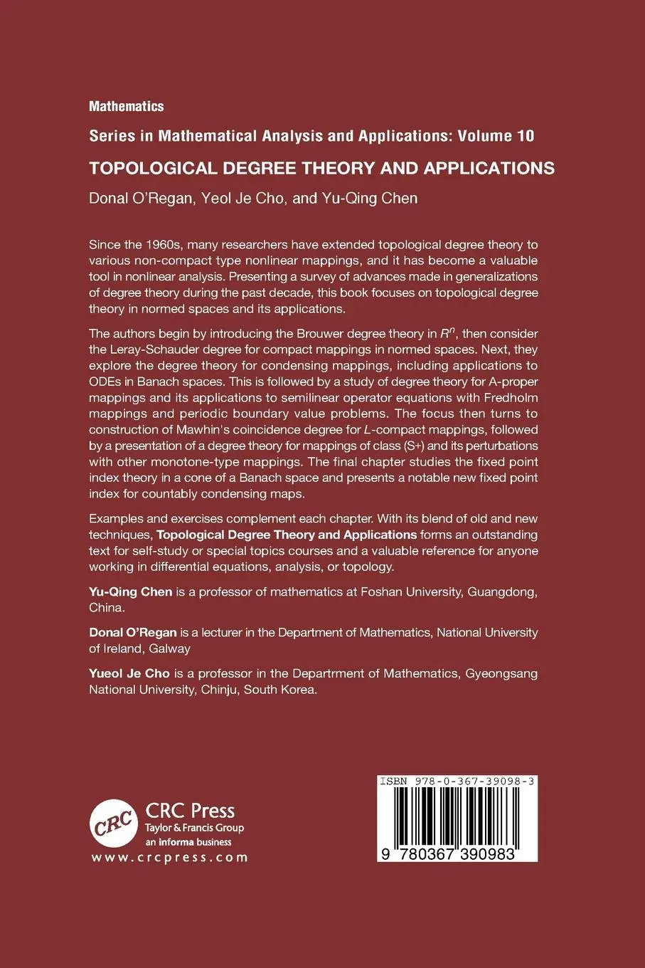 Rückseite: 9780367390983 | Topological Degree Theory and Applications | Yeol Je Cho (u. a.)