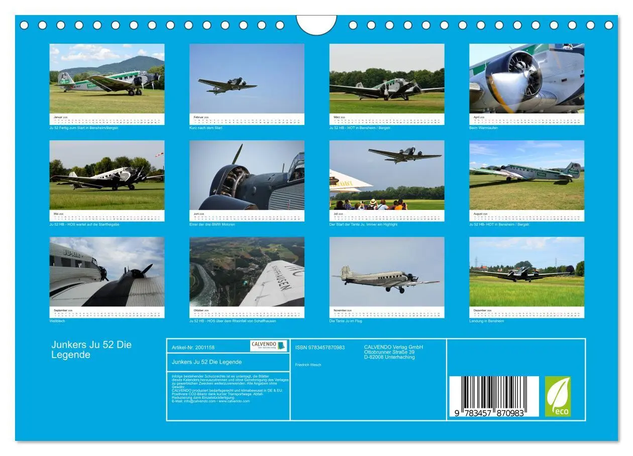 Bild: 9783457870983 | Junkers Ju 52 Die Legende (Wandkalender 2026 DIN A4 quer), CALVENDO...