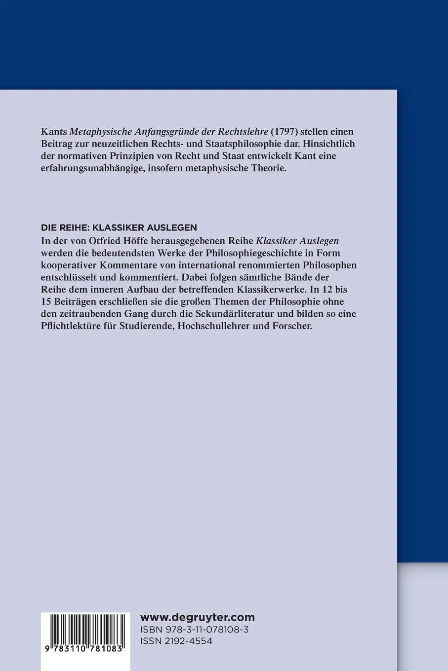 Rückseite: 9783110781083 | Immanuel Kant: Metaphysische Anfangsgründe der Rechtslehre | Höffe