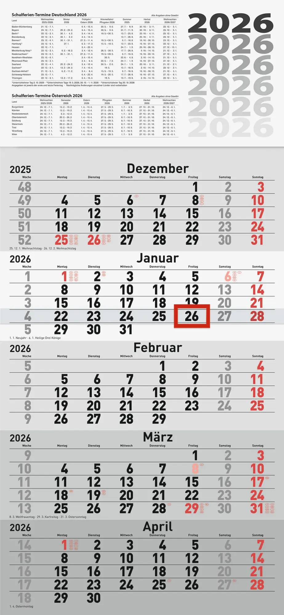 Cover: 4003273791183 | rido/idé 7033520006 5-Monatskalender 2026 grau, 300×630 mm | Kalender