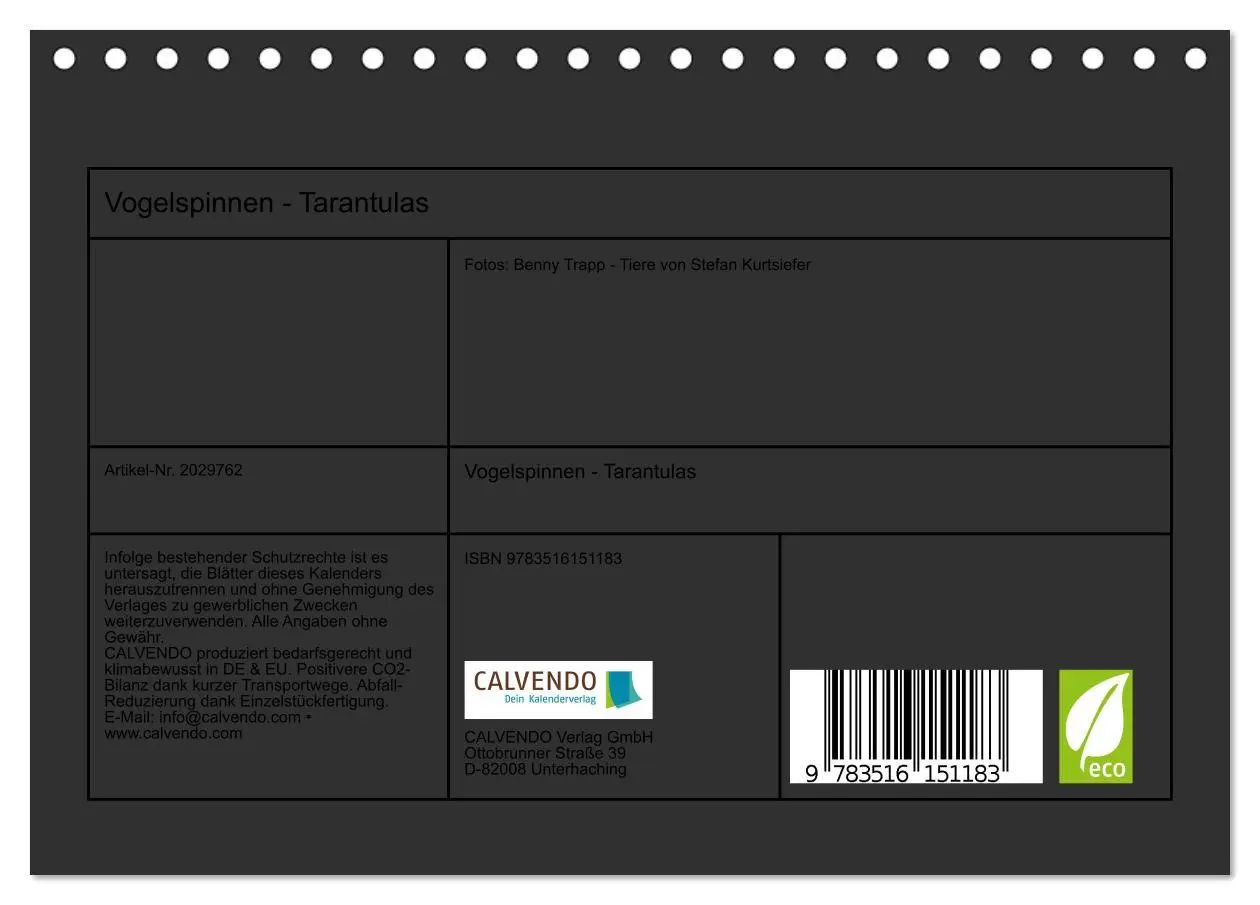 Bild: 9783516151183 | Vogelspinnen - Tarantulas (Tischkalender 2026 DIN A5 quer),...