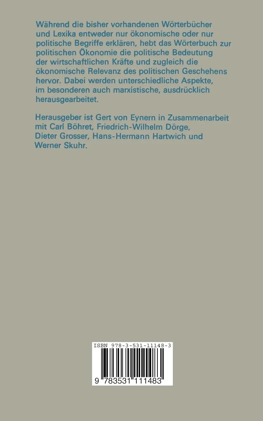 Rückseite: 9783531111483 | Wörterbuch zur politischen Ökonomie | Gert Von Eynern | Taschenbuch