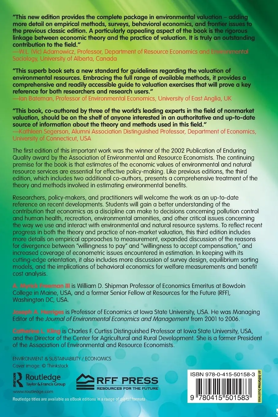 Rückseite: 9780415501583 | The Measurement of Environmental and Resource Values | III (u. a.)
