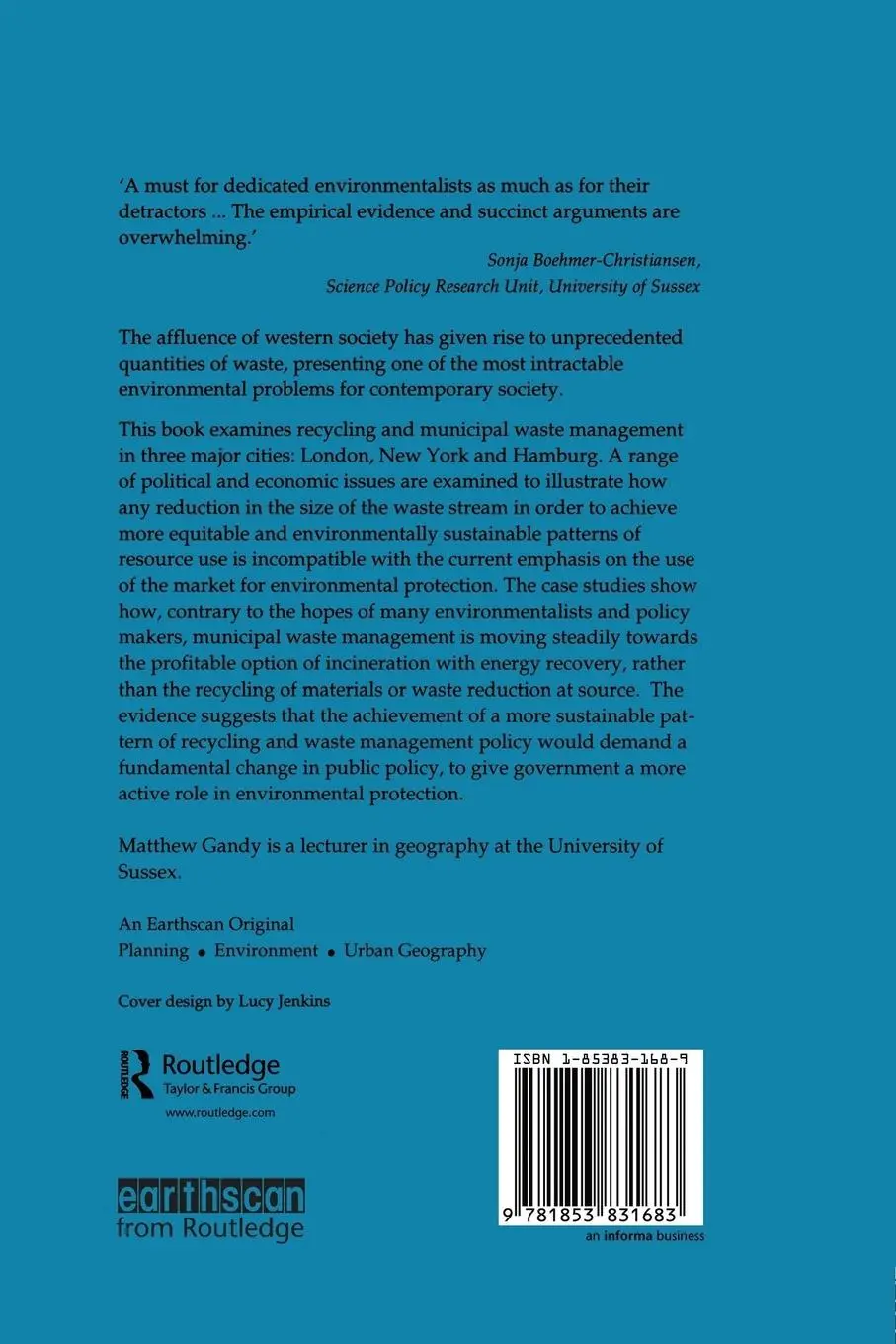 Rückseite: 9781853831683 | Recycling and the Politics of Urban Waste | Matthew Gandy | Buch