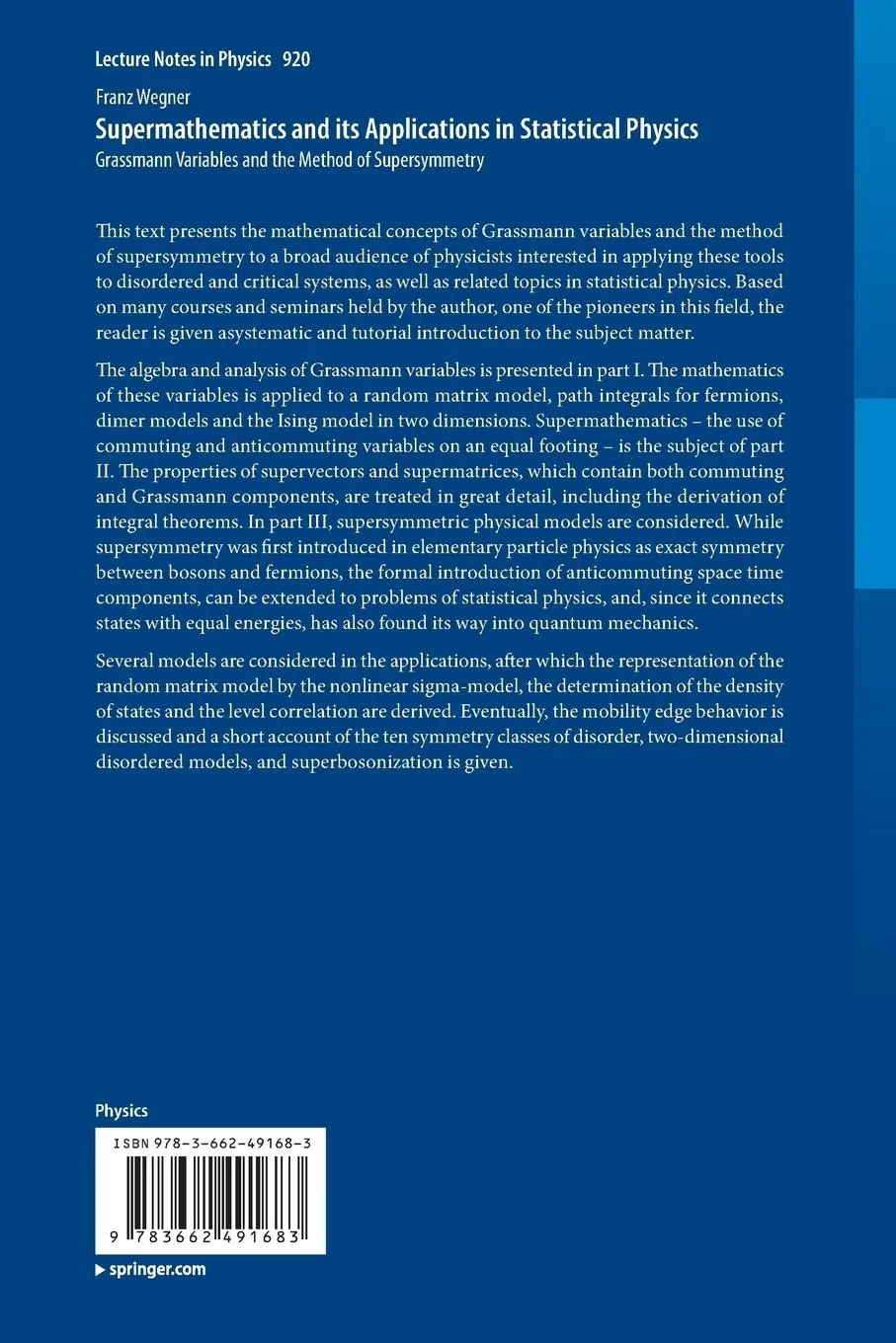 Rückseite: 9783662491683 | Supermathematics and its Applications in Statistical Physics | Wegner