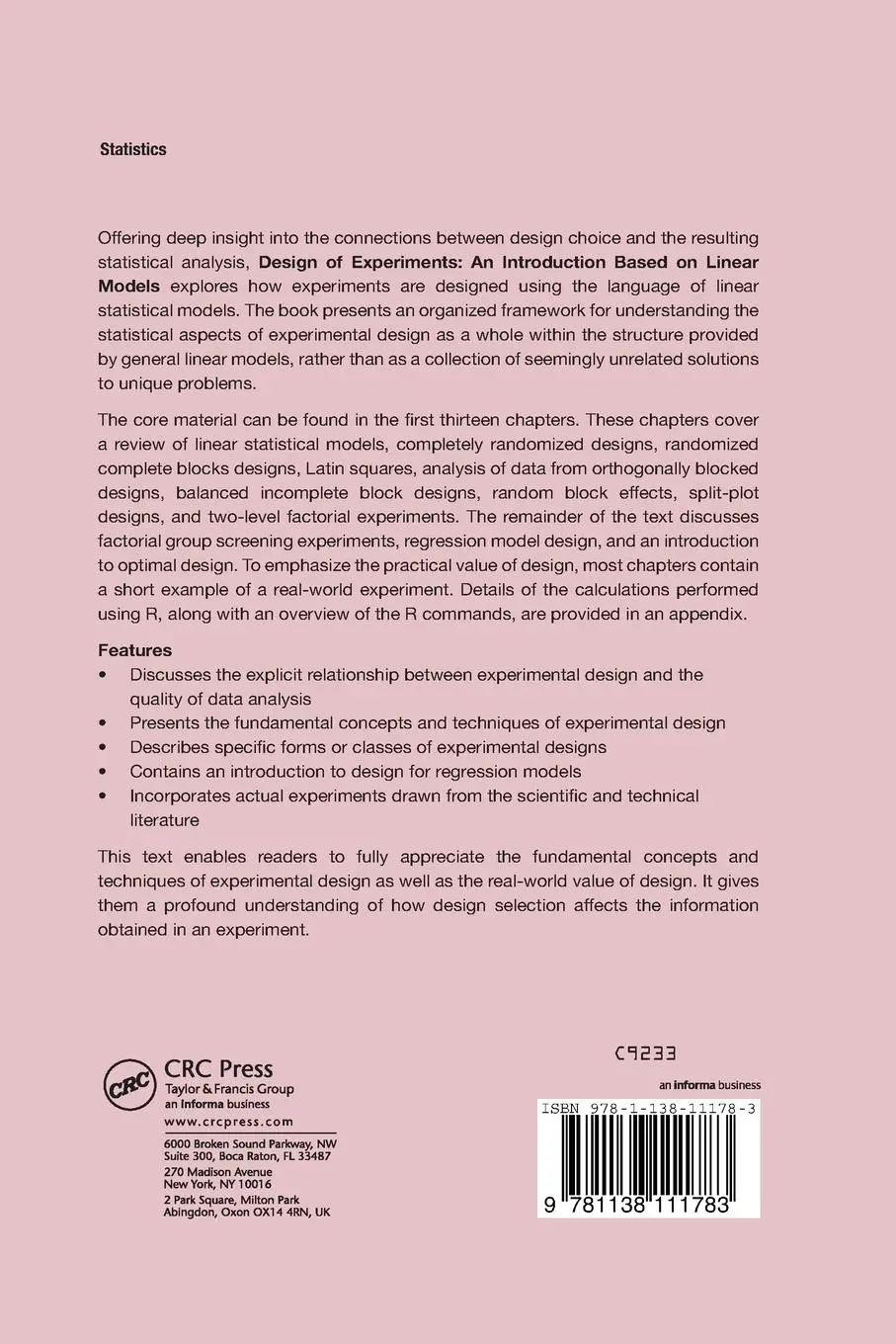 Rückseite: 9781138111783 | Design of Experiments | An Introduction Based on Linear Models | Buch