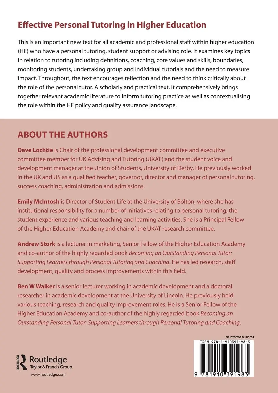 Rückseite: 9781910391983 | Effective Personal Tutoring in Higher Education | Andrew Stork (u. a.)