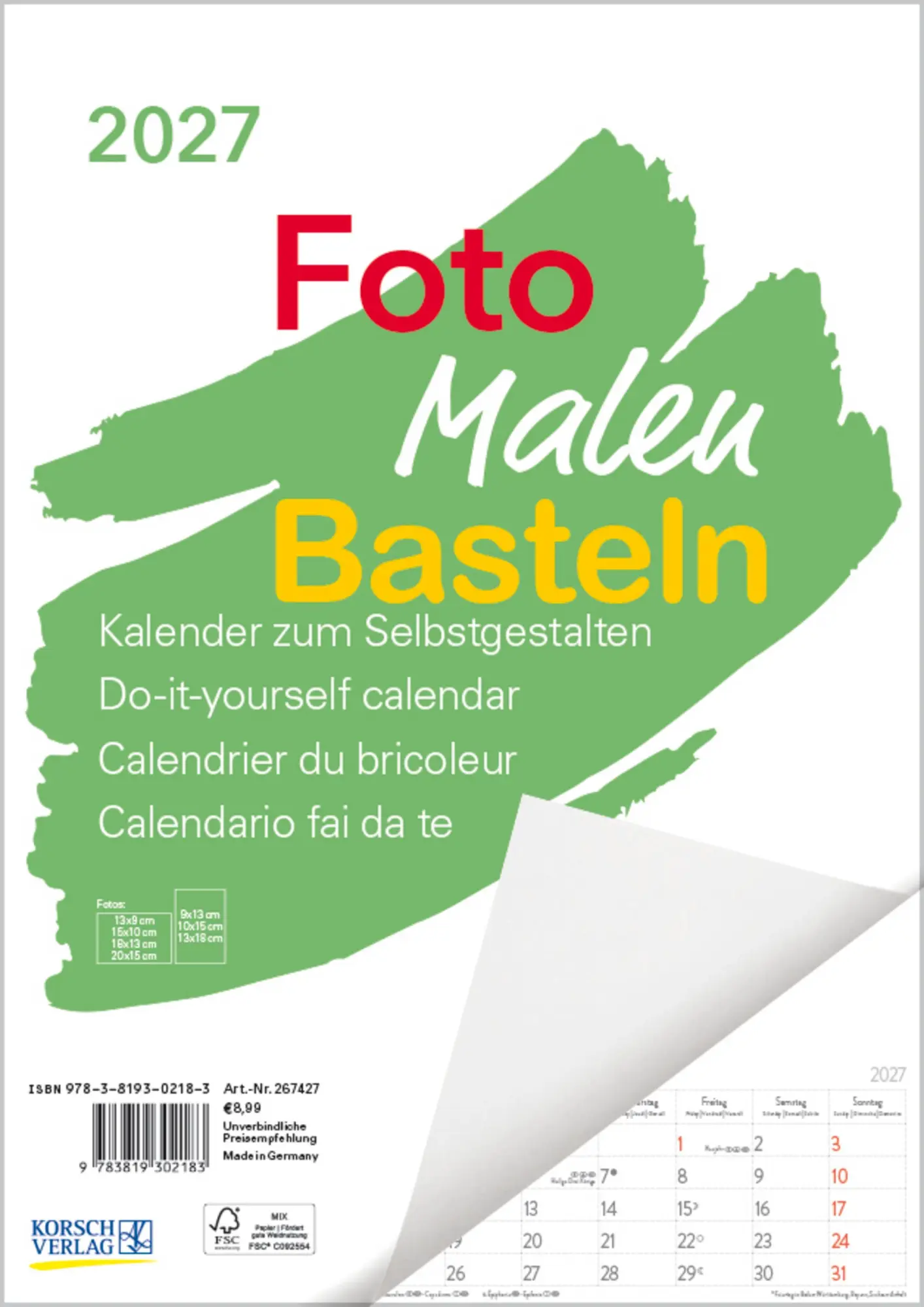Cover: 9783819302183 | Foto-Malen-Basteln A4 weiß Notice 2027 | Verlag Korsch | Kalender