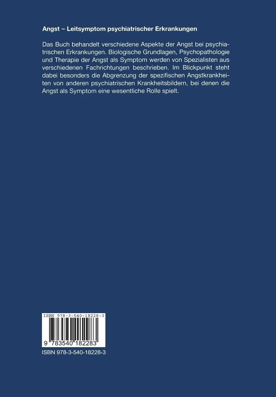 Rückseite: 9783540182283 | Angst | Leitsymptom psychiatrischer Erkrankungen | Hippius (u. a.)