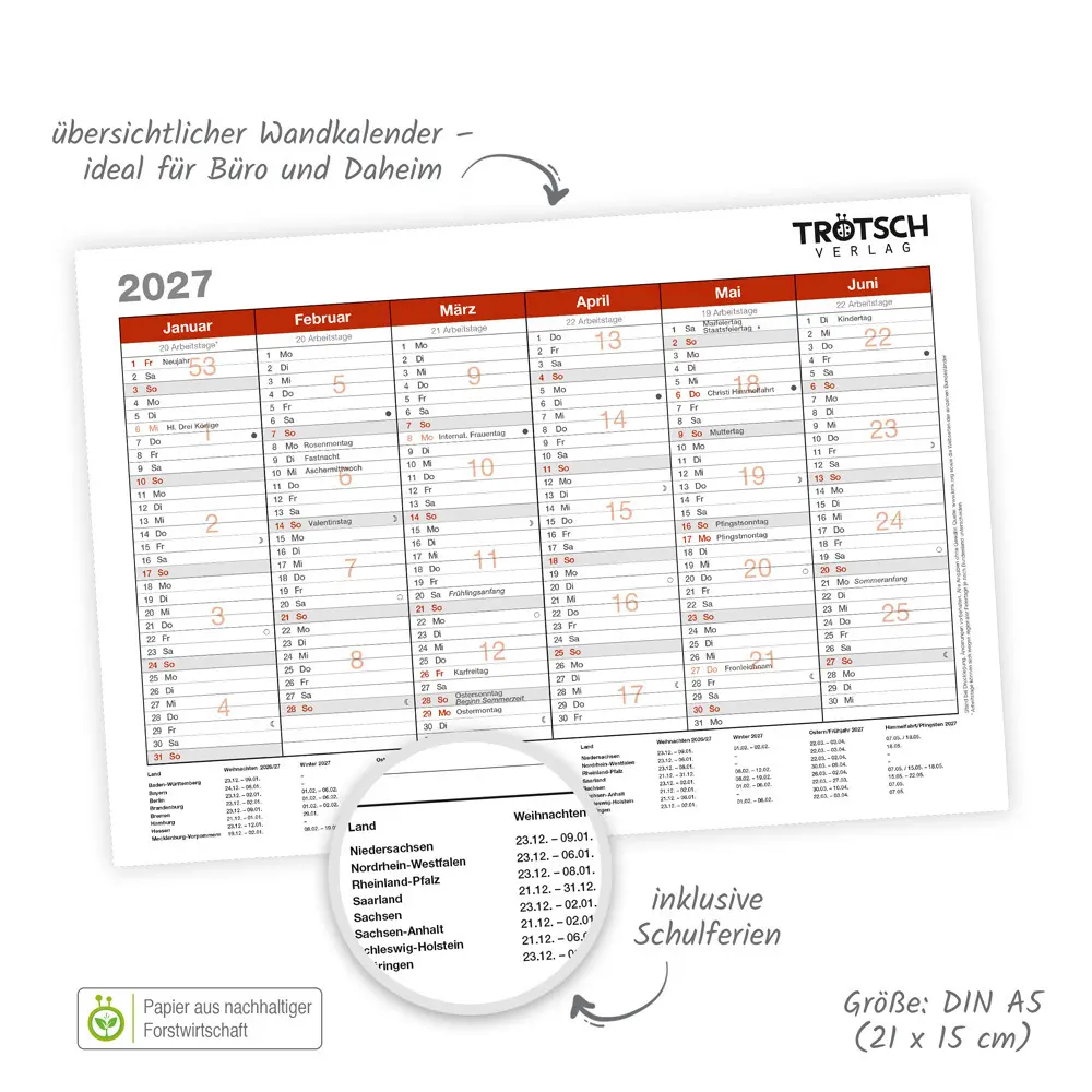 Bild: 4251901512383 | TRÖTSCH - Wandtafelplaner A5 2027 | A5 | Trötsch Verlag GmbH &amp; Co.KG