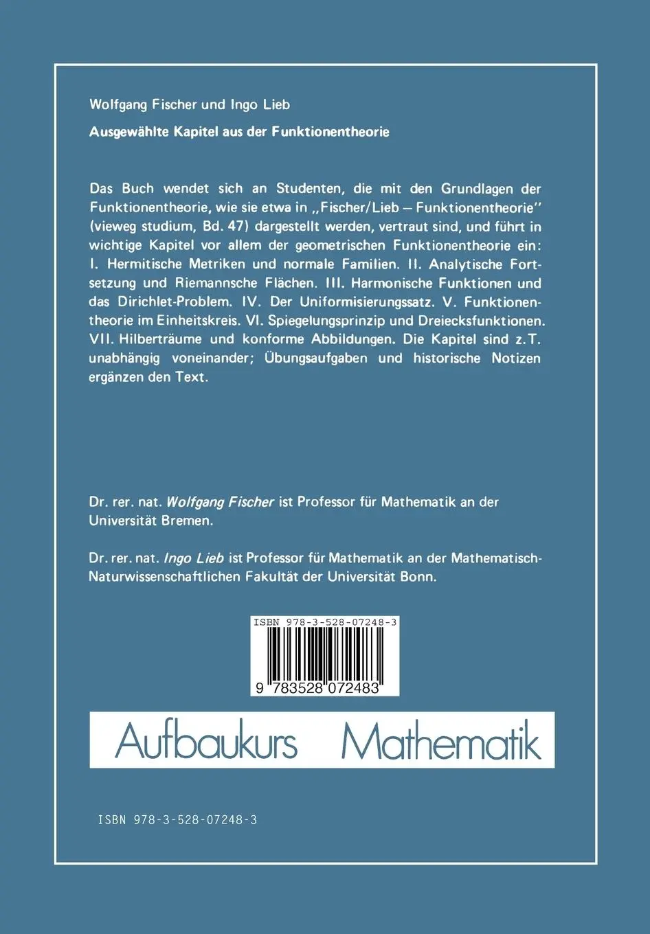 Rückseite: 9783528072483 | Ausgewählte Kapitel aus der Funktionentheorie | Ingo Lieb (u. a.) | ix