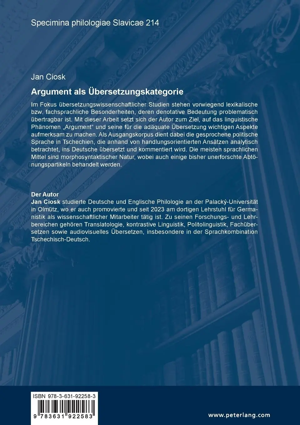 Rückseite: 9783631922583 | Argument als Übersetzungskategorie | Jan Ciosk | Taschenbuch | Deutsch