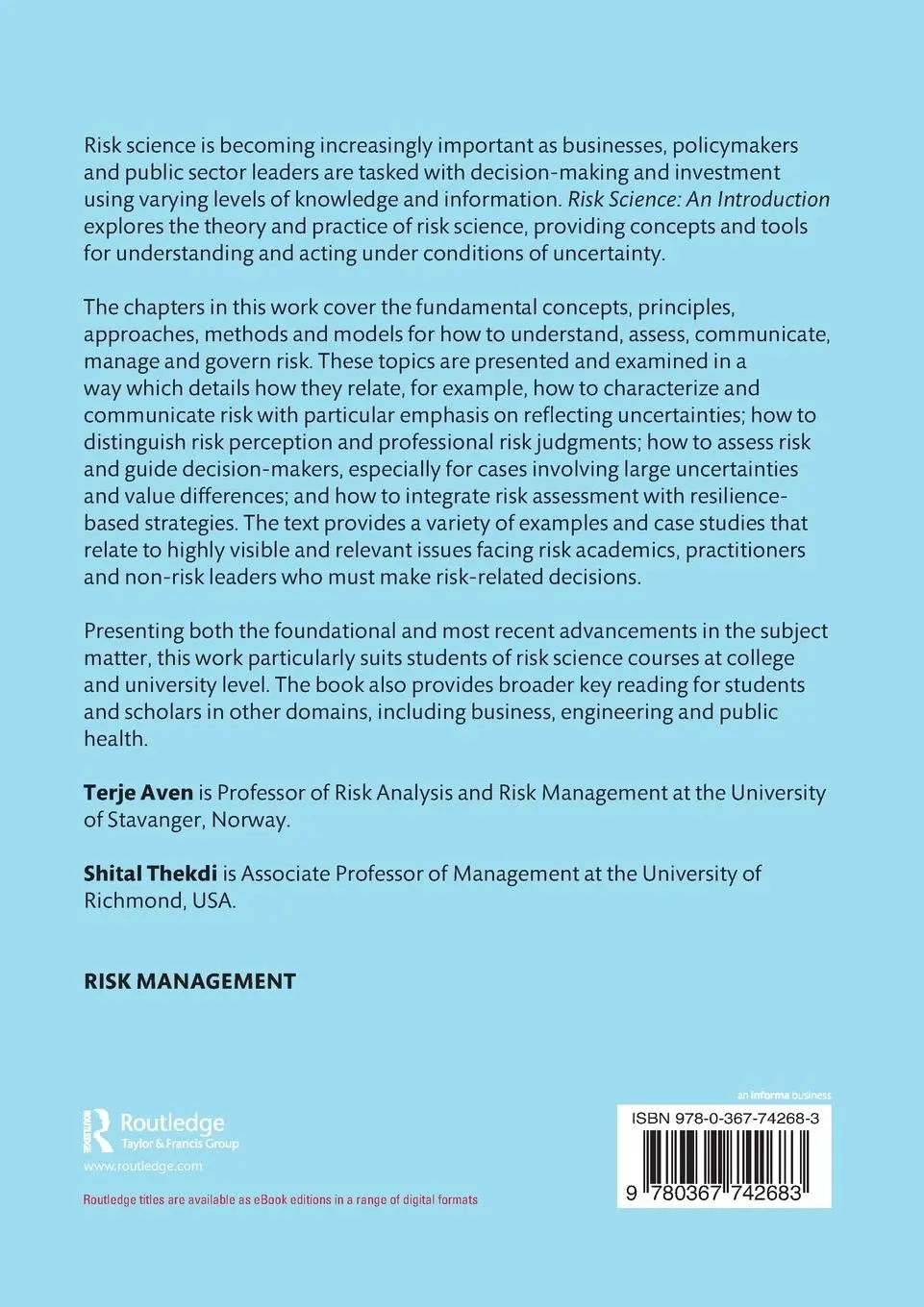 Rückseite: 9780367742683 | Risk Science | An Introduction | Terje Aven (u. a.) | Taschenbuch