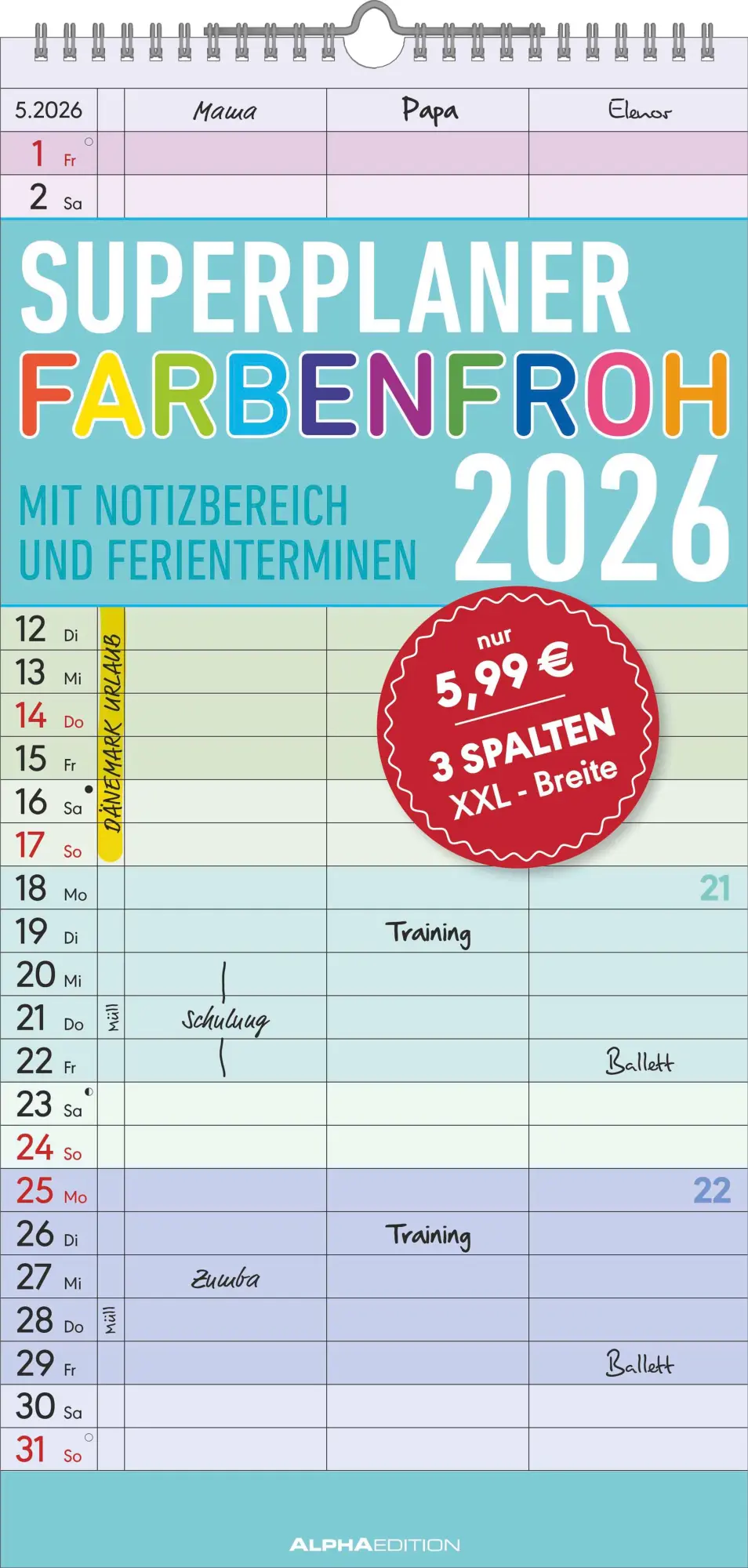 Cover: 4069095002883 | Superplaner Farbenfroh 2026 - Familien-Timer 22x45 cm - mit...